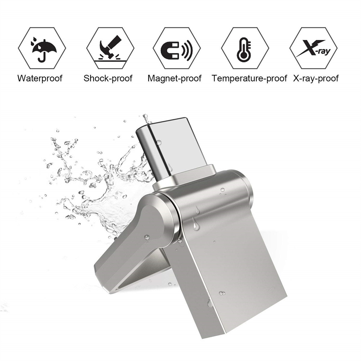 Ein silberner USB-Stick mit Wassertropfen. Symbole oben zeigen wasserdicht, stoßfest, magnetfest, temperaturbeständig und röntgenstrahlensicher.