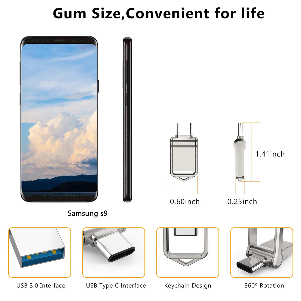 Das Bild zeigt ein Telefon, einen USB-Stick und Details zu Größe und Schnittstellen des Sticks. Es zeigt auch Details zum Schlüsselanhängerdesign und zur Drehung.