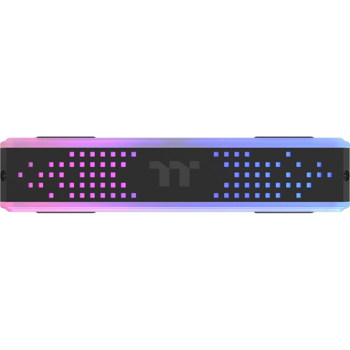 Ein rechteckiges Gerät mit RGB-Beleuchtung. Es hat eine schwarze Oberfläche mit quadratischen Lichtern und einem Logo in der Mitte.