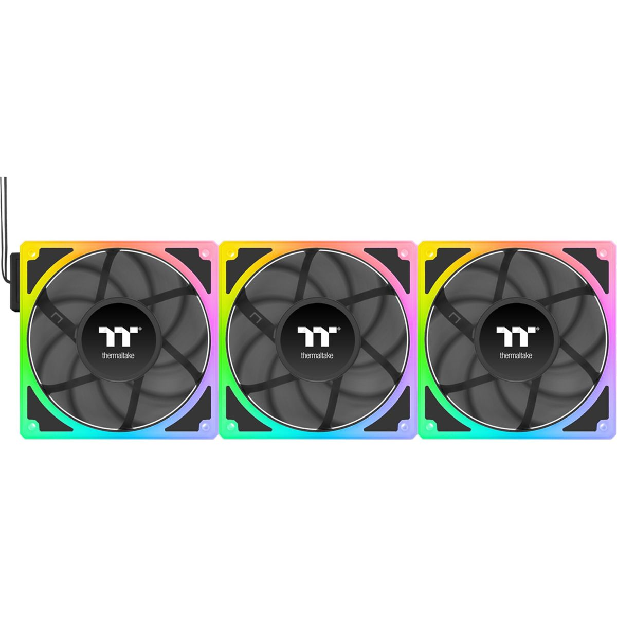 Drei Computerlüfter mit Regenbogen-LED-Kanten. Jeder hat das Thermaltake-Logo in der Mitte. Schwarze Lüfterblätter.
