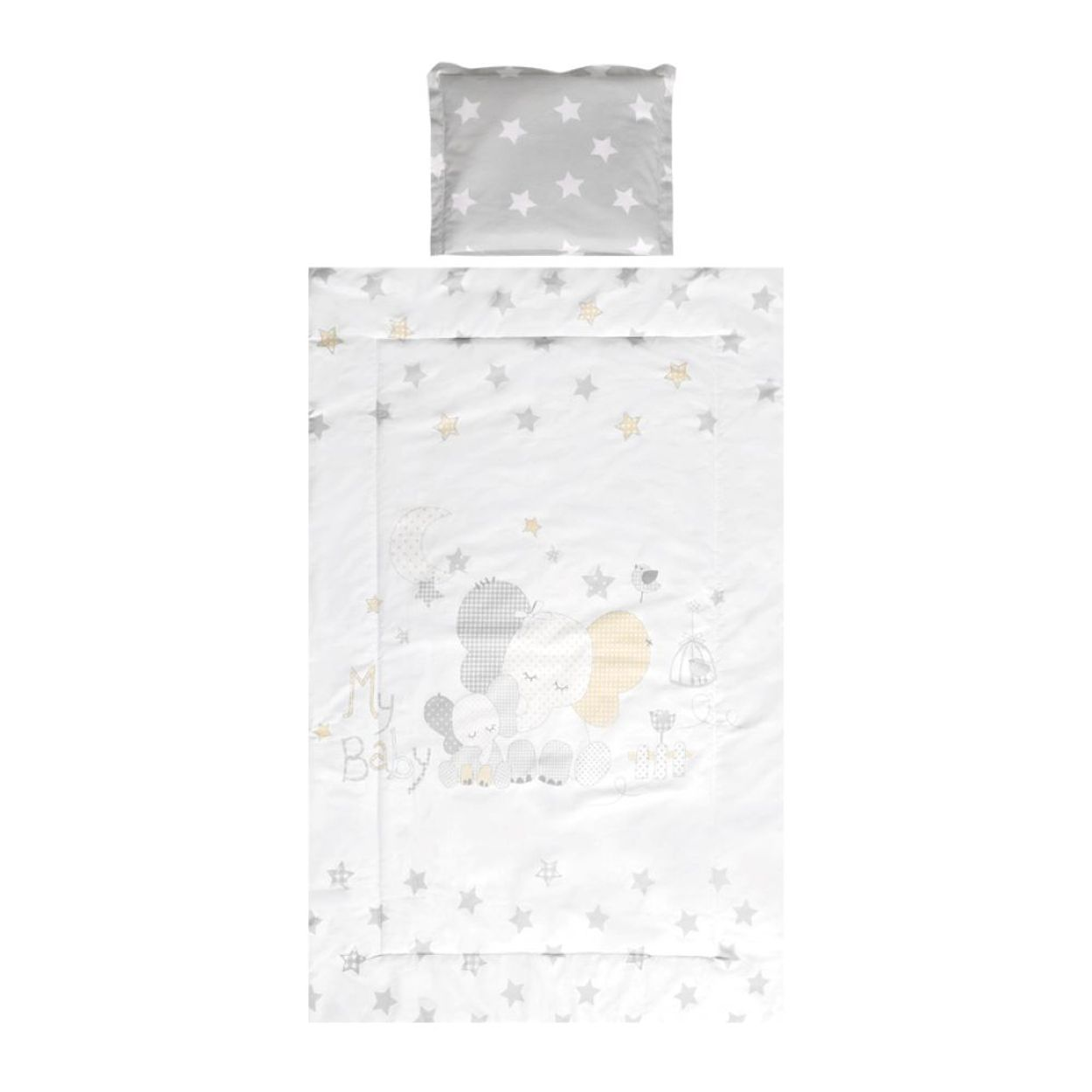 Ein Babybettwäsche-Set mit Kissen und Decke. Die Decke hat Sternmuster und Elefantenfiguren mit dem Text "My Baby".