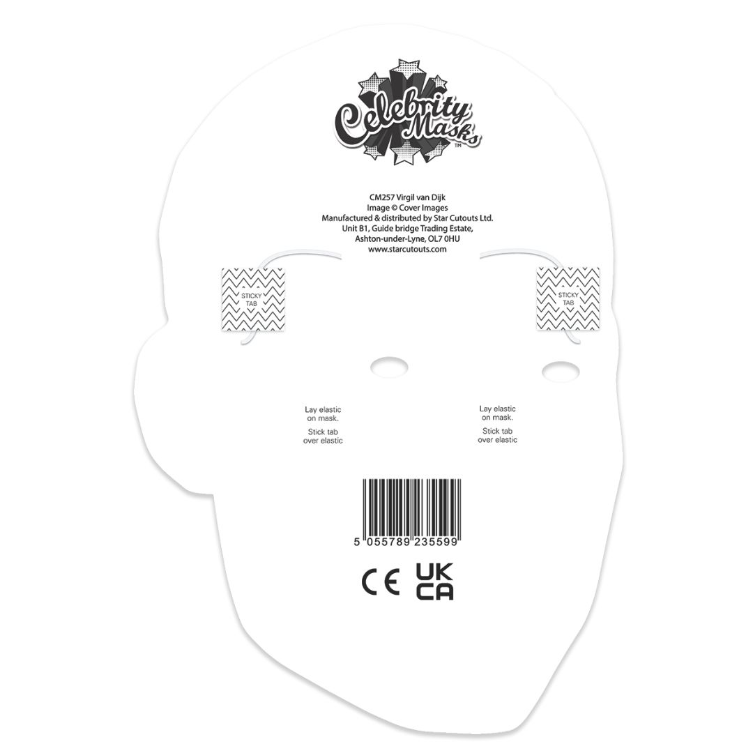 Weiße Maske mit dem Schriftzug "Celebrity Mask" oben. Enthält Text und Barcode. Enthält Gebrauchsanweisung.