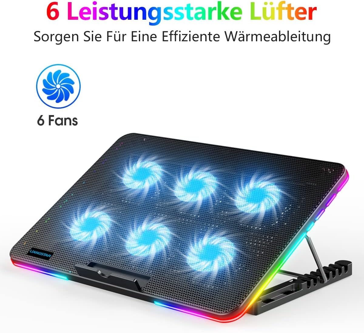 Ein schwarzer Laptop-Kühler mit 6 beleuchteten Lüftern. Der Text oben lautet '6 Leistungsstarke Lüfter' und '6 Fans'.