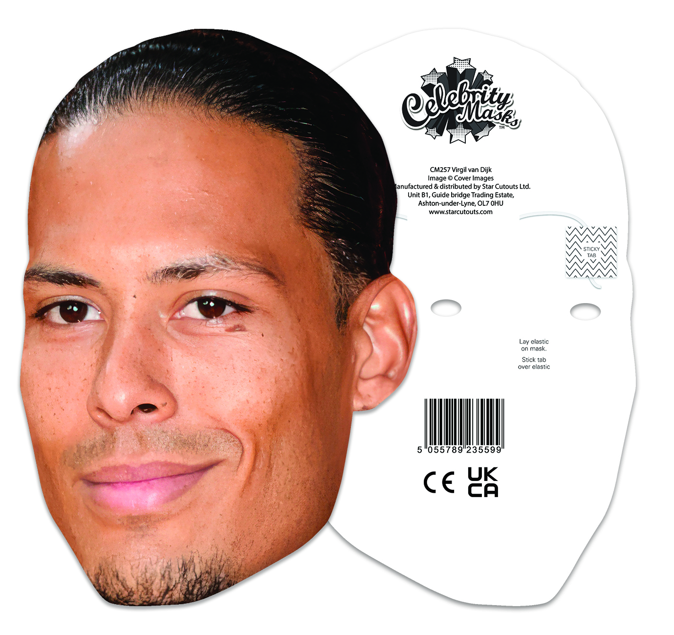 Eine Maske von Virgil van Dijk. Sie hat ein lächelndes Gesicht und einen weißen Hintergrund mit Text und einem Barcode.