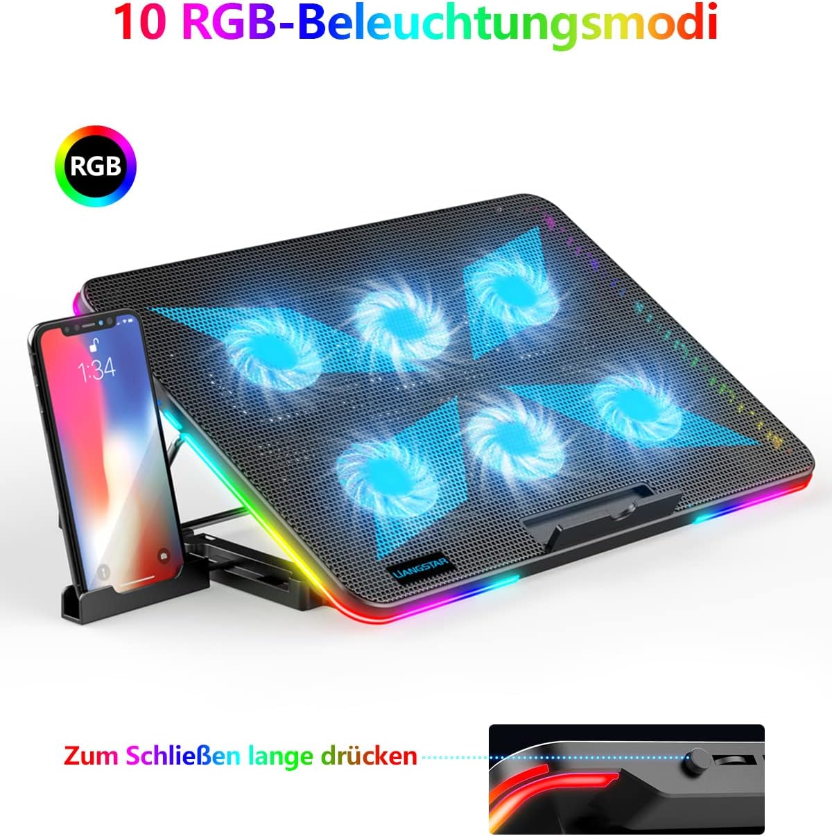 Schwarzes Laptop-Kühlpad mit RGB-Beleuchtung und einem Telefon. Das Pad hat Lüfter und ist abgewinkelt. Text oben: '10 RGB-Beleuchtungsmodi'.