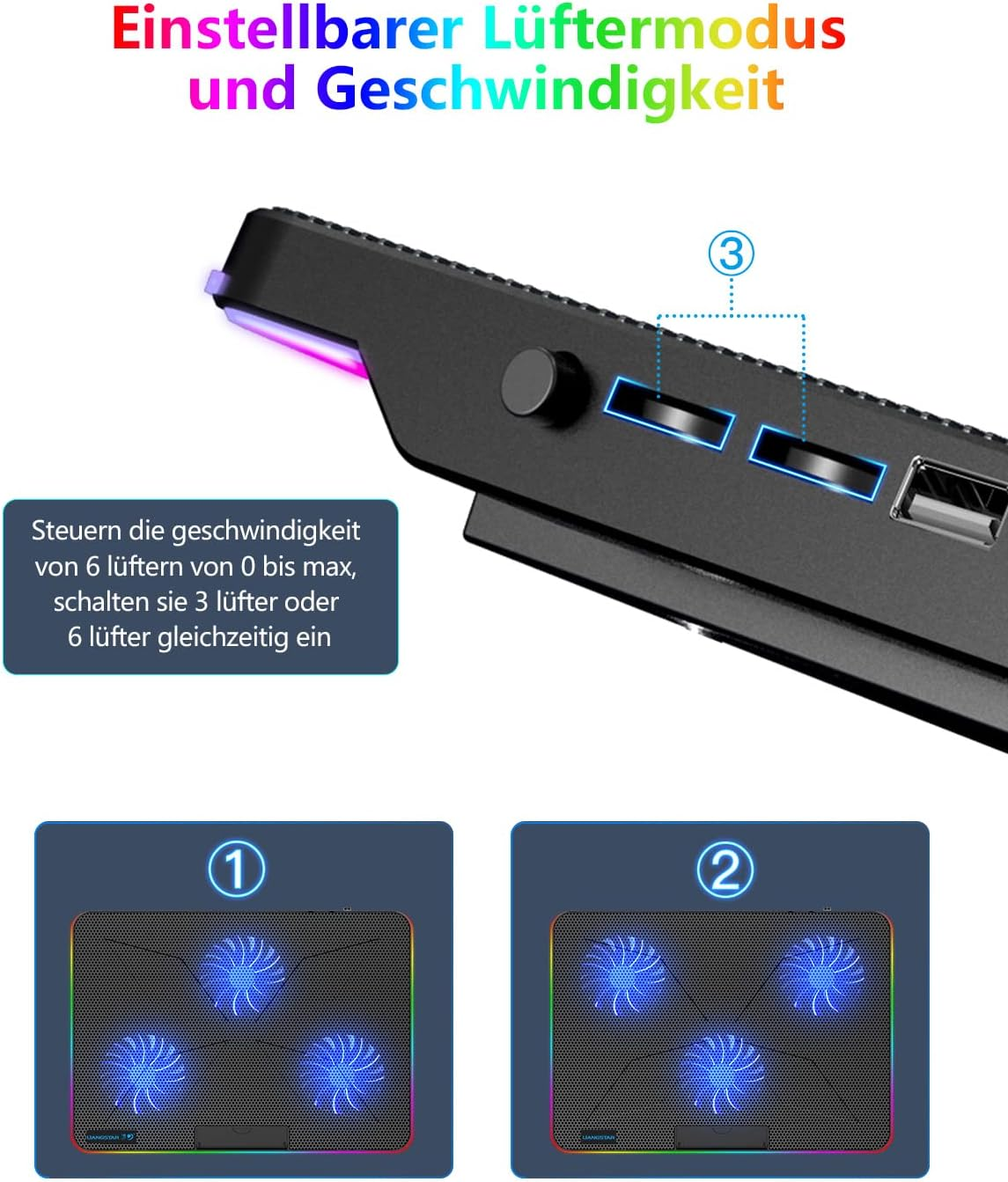 Ein schwarzer Laptop-Kühler mit blauen Lüftern und Steuertasten. Text auf Deutsch erklärt Lüftersteuerung und Modi.