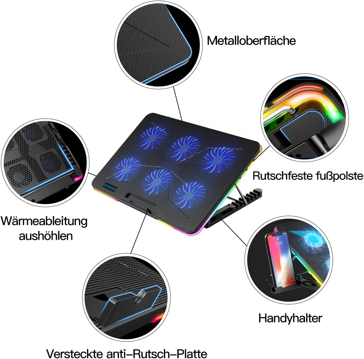 Schwarzer Laptop-Kühler mit blauen Lüftern und LED-Lichtern. Merkmale: Metalloberfläche, Anti-Rutsch-Pads und Telefonhalter. Mehrere deutsche Beschriftungen.