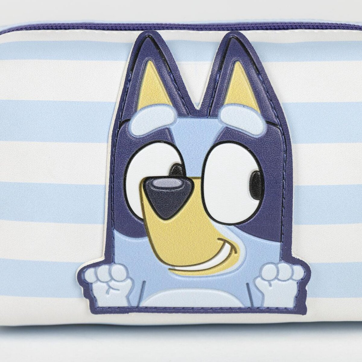 Federtasche mit Bluey-Design. Blueys Gesicht befindet sich in der Mitte auf einem hellblau-weiß gestreiften Hintergrund.