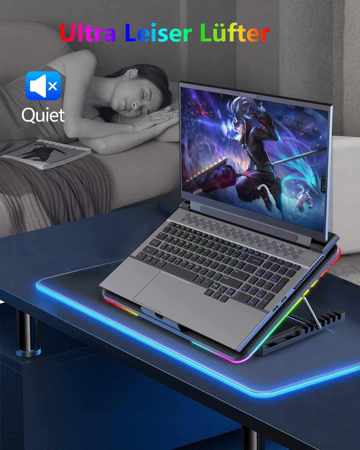 Ein Laptop mit LED-Leuchten steht auf einem Tisch. Im Hintergrund schläft eine Frau. Das Bild wirbt für leisen Lüfterbetrieb.