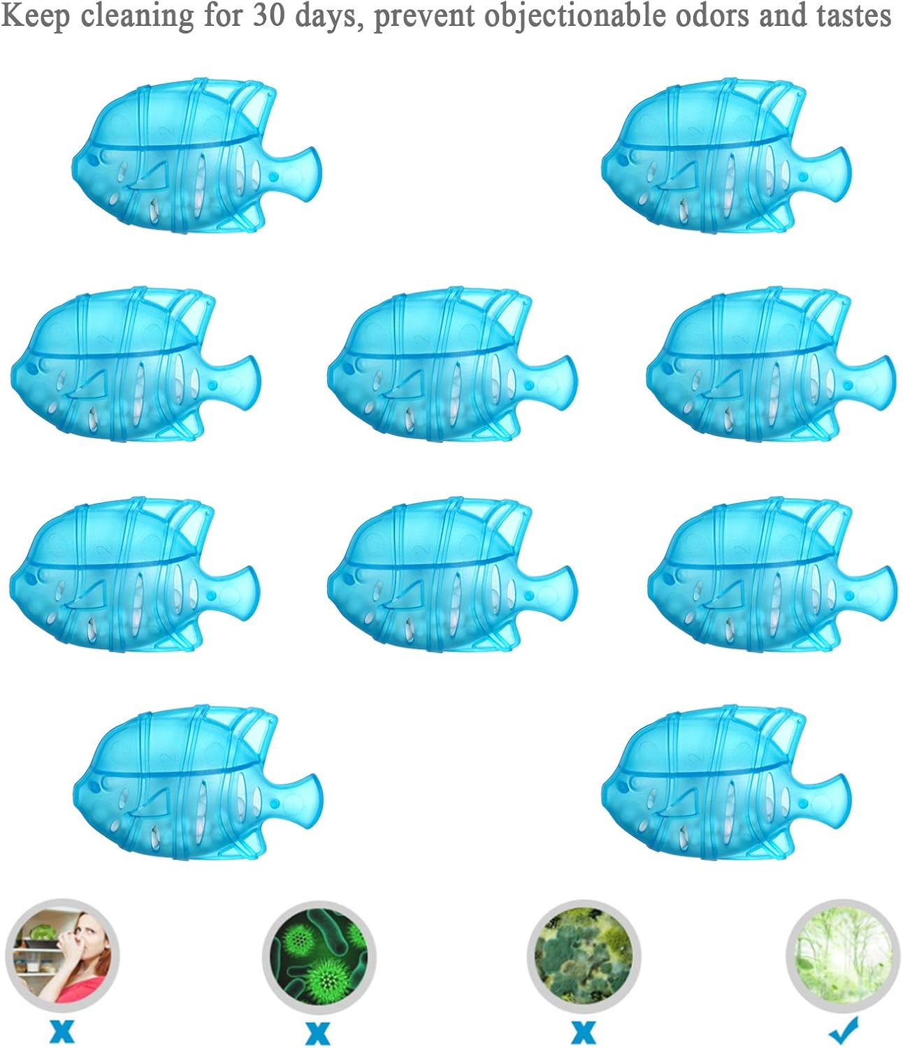 Neun blaue, fischförmige Reinigungsprodukte sind angeordnet. Unten befinden sich Bilder mit 'X' und einem Häkchen.