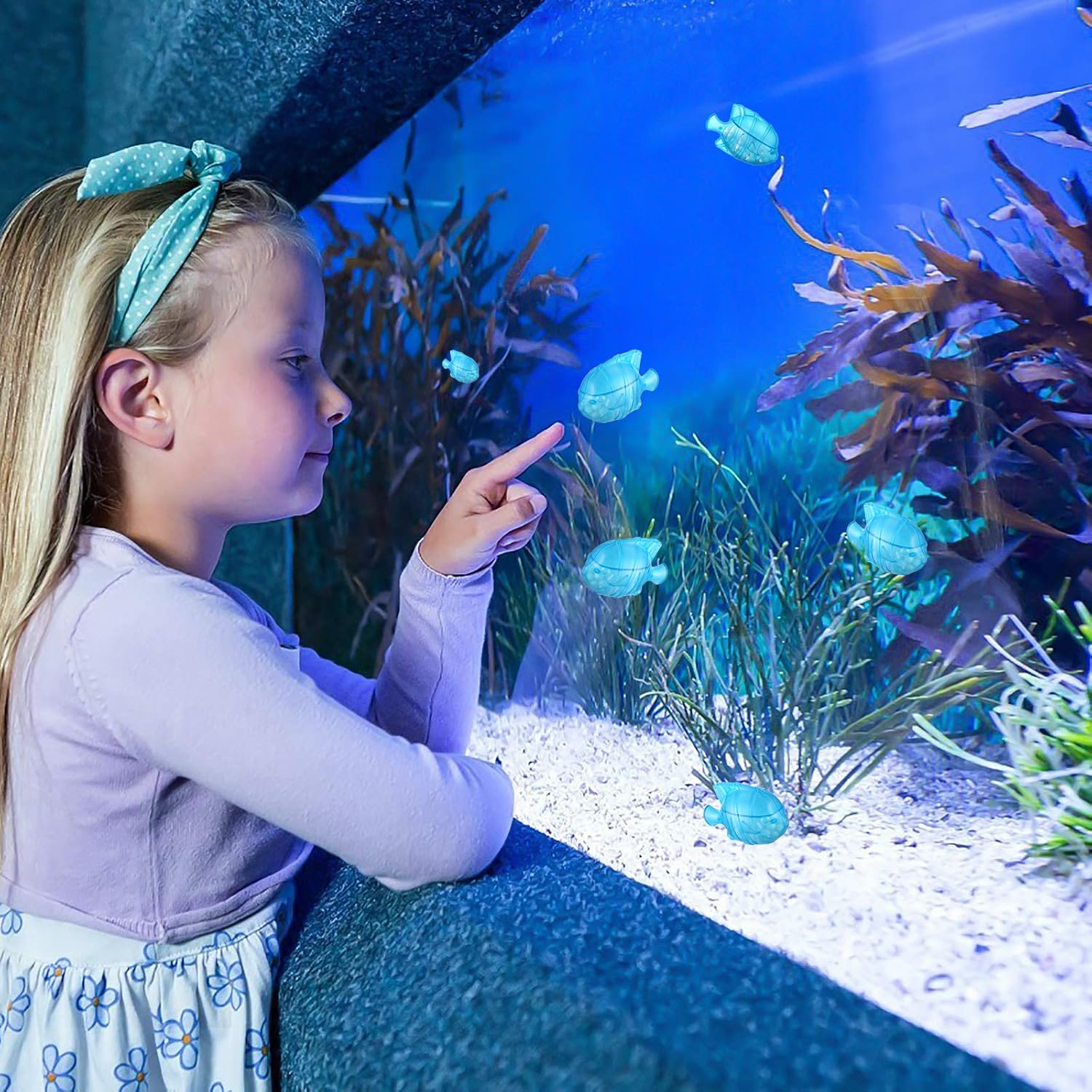 Ein Mädchen zeigt auf ein Aquarium mit blauen Fischen. Sie trägt ein Stirnband und einen hellvioletten Pullover. Das Becken hat Pflanzen und Sand.