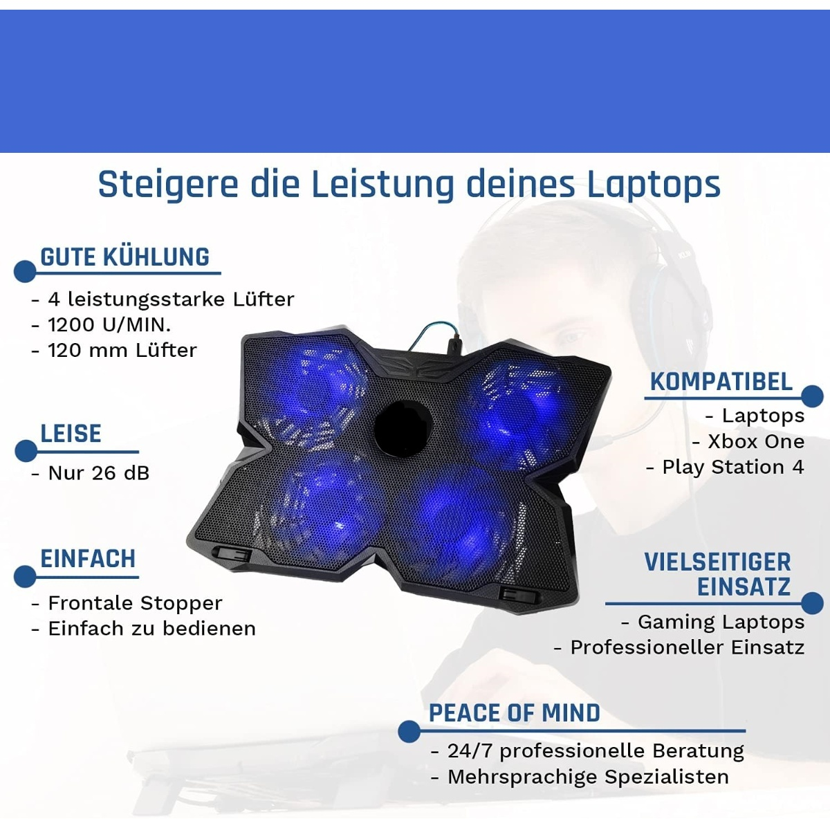 Laptop-Kühlpad mit blauen Lichtern, Merkmale für Kühlung, Kompatibilität, Benutzerfreundlichkeit und professionellen Support werden angezeigt.