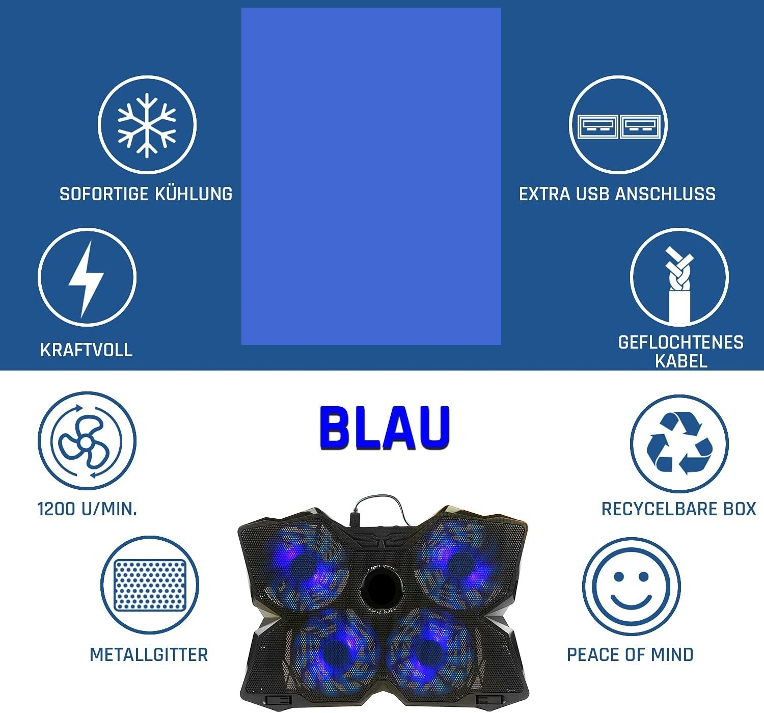 Ein Bild eines blau-schwarzen Kühlventilators mit verschiedenen Symbolen und Text auf Deutsch, darunter 'BLAU'.
