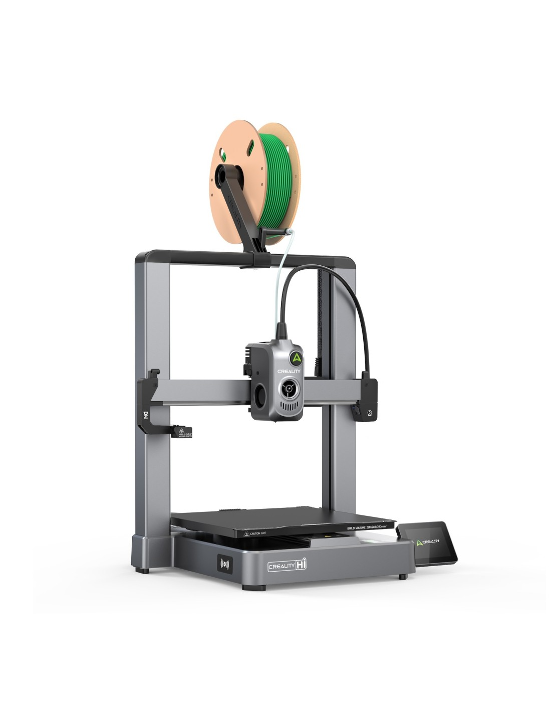 Una stampante 3D con una bobina di filamento verde. La stampante è grigia, ha una piastra di costruzione nera e un piccolo schermo.