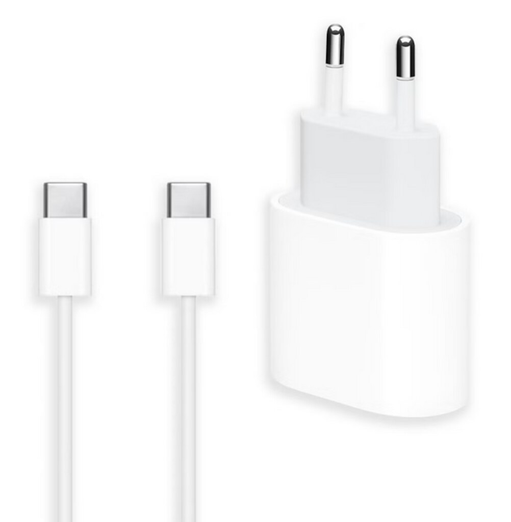 Un caricabatterie bianco e due cavi USB-C bianchi. Il caricabatterie ha due spine e un corpo rettangolare. I cavi hanno estremità USB-C.