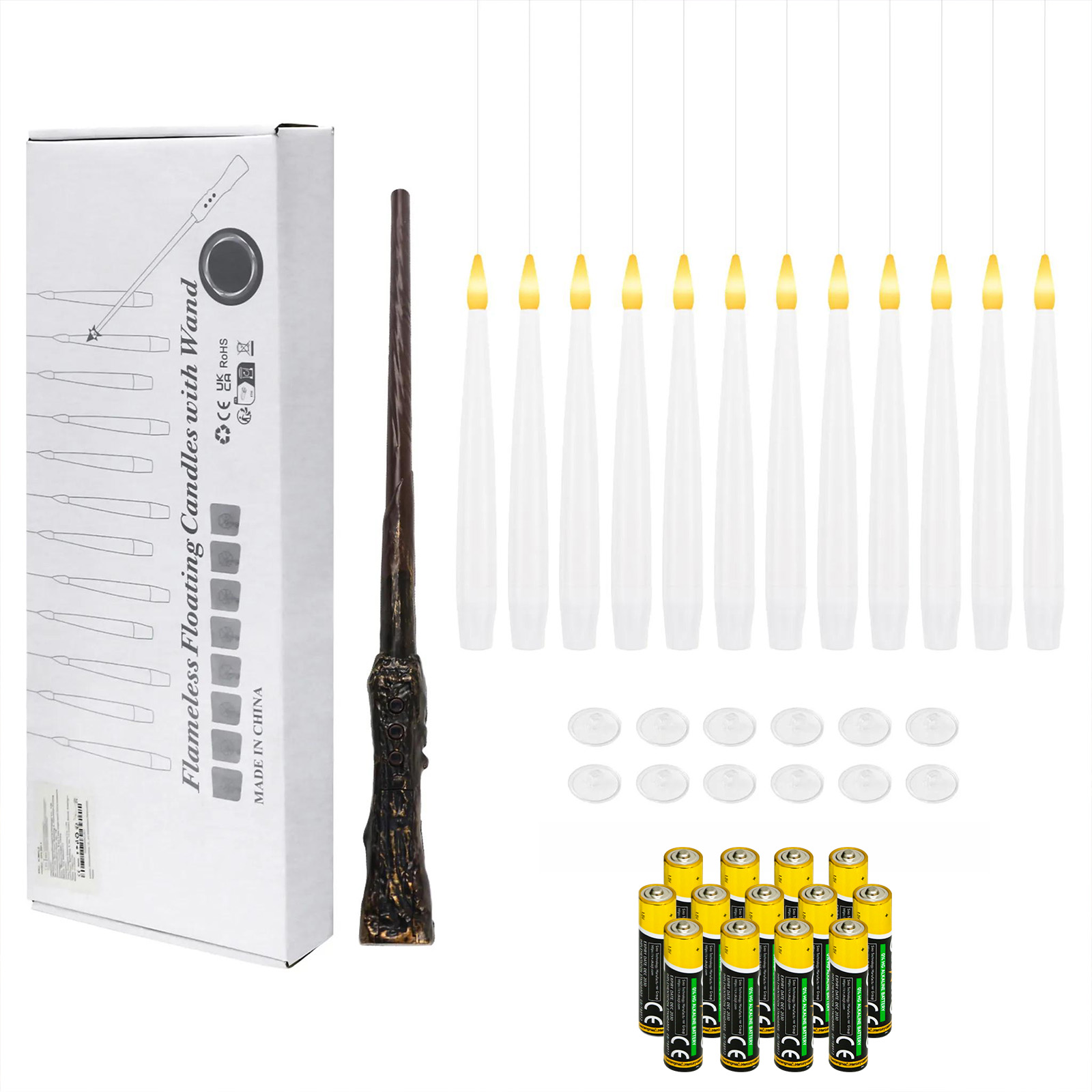 Ein Set mit flammenlosen, schwebenden Kerzen mit Zauberstab. Enthält Kerzen, Batterien und Befestigungsscheiben.