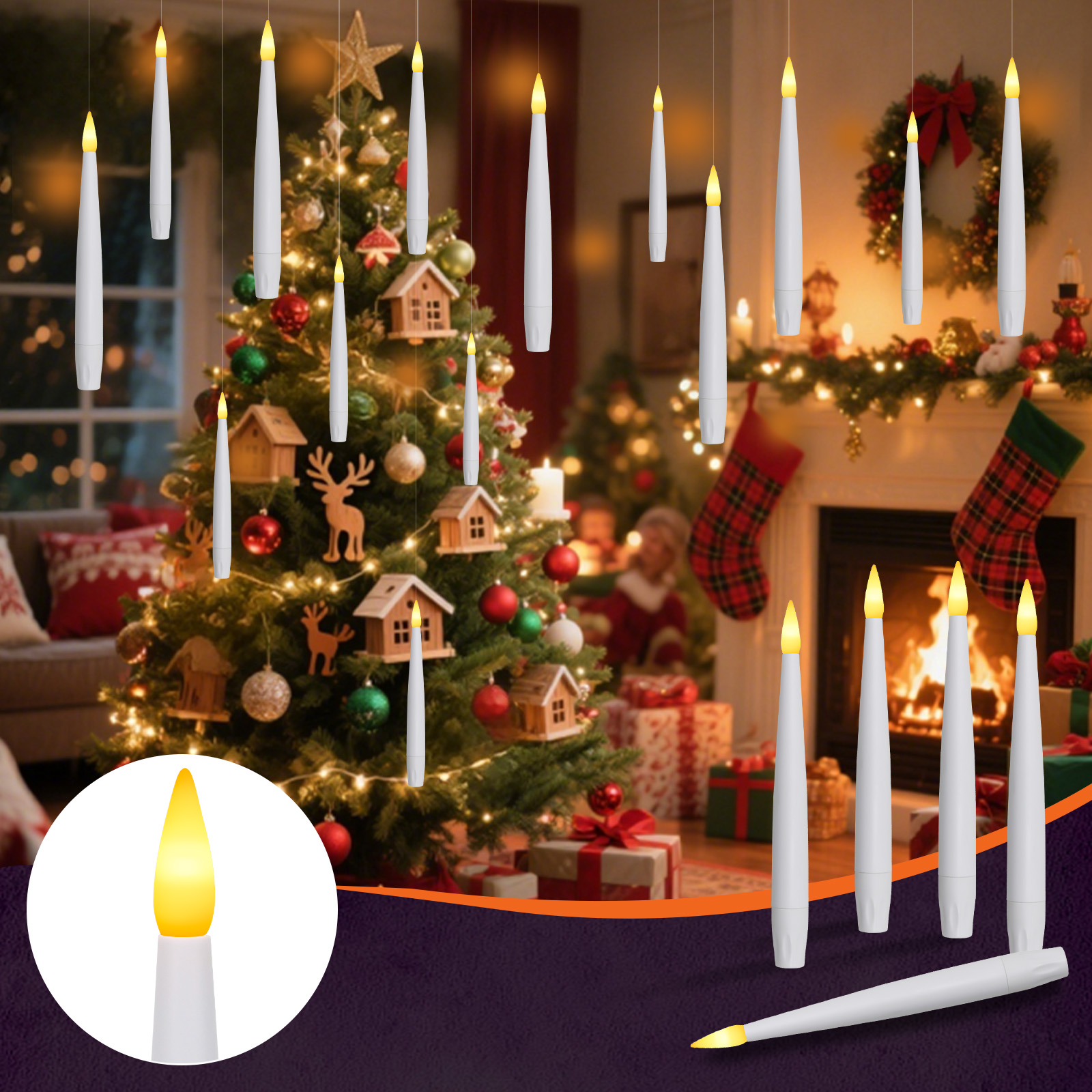 Weihnachtsszene mit Kerzen, Baum und Kamin. Weiße Kerzen mit gelben Flammen hängen über dem Baum und liegen auf einer Oberfläche.
