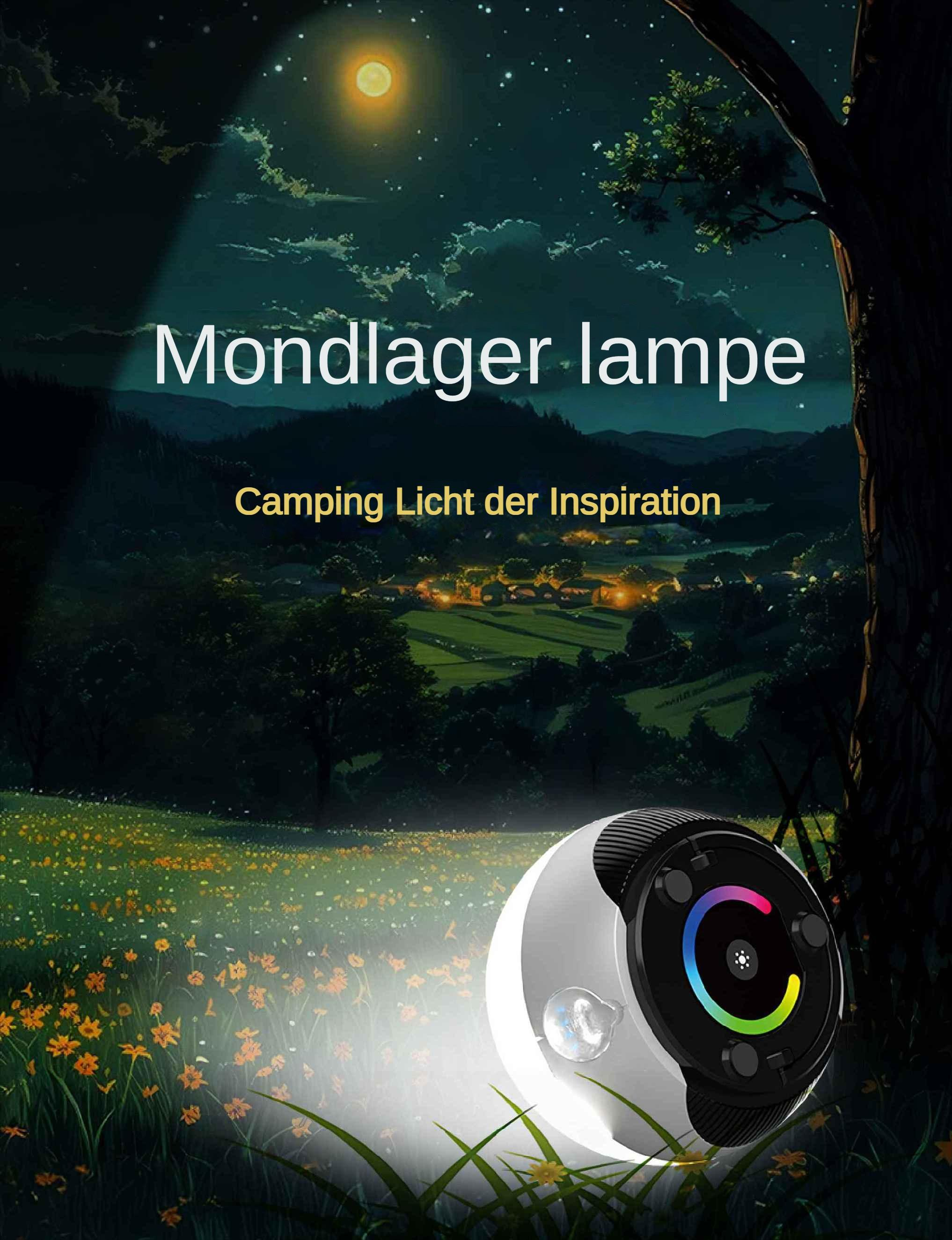 Eine mondförmige Lampe beleuchtet ein Blumenfeld unter einem Nachthimmel mit hellem Mond und Sternen.