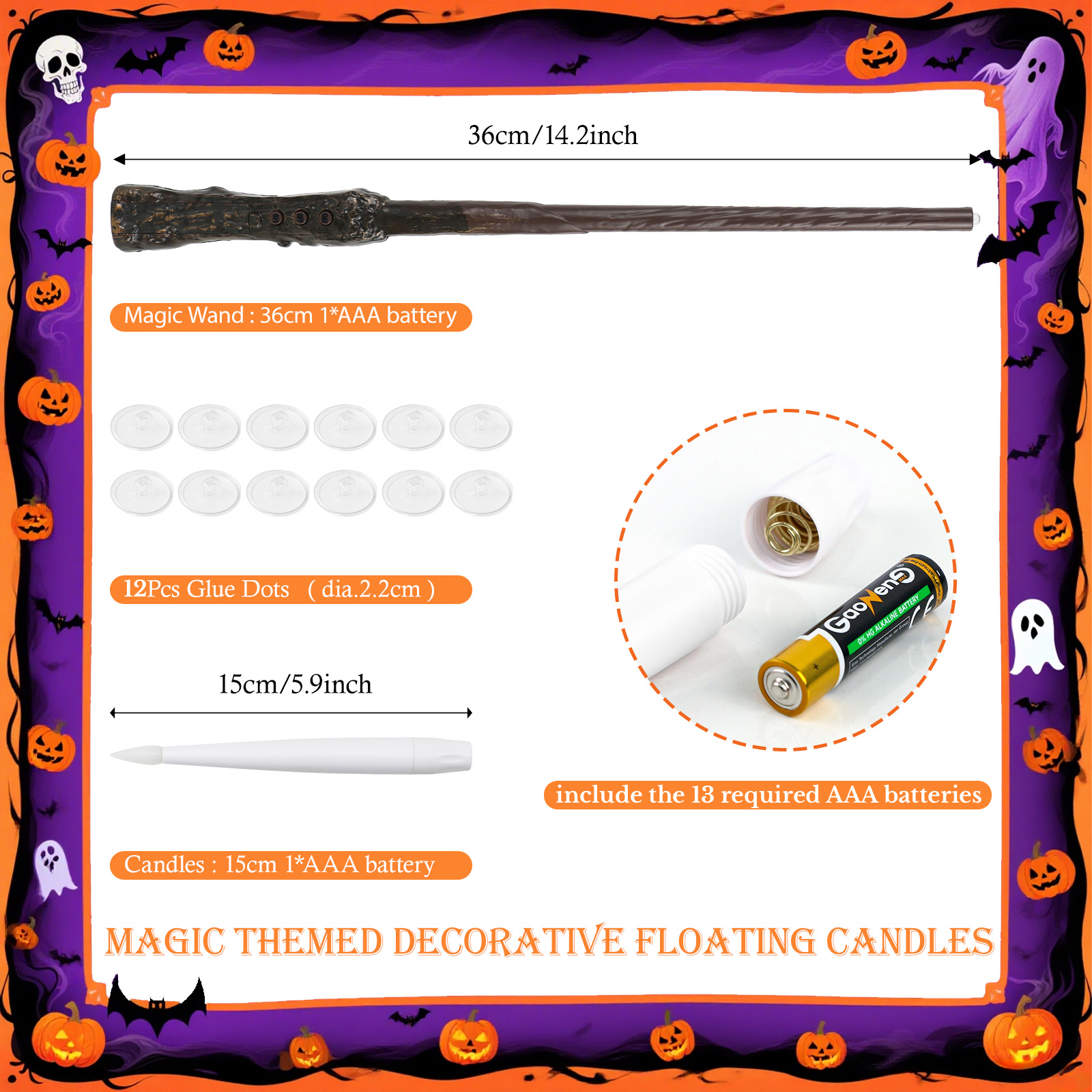 Halloween-Motiv mit Zauberstab, Kerzen, Klebepunkten und AAA-Batterien. Dekorativer Rand mit Kürbissen und Fledermäusen.