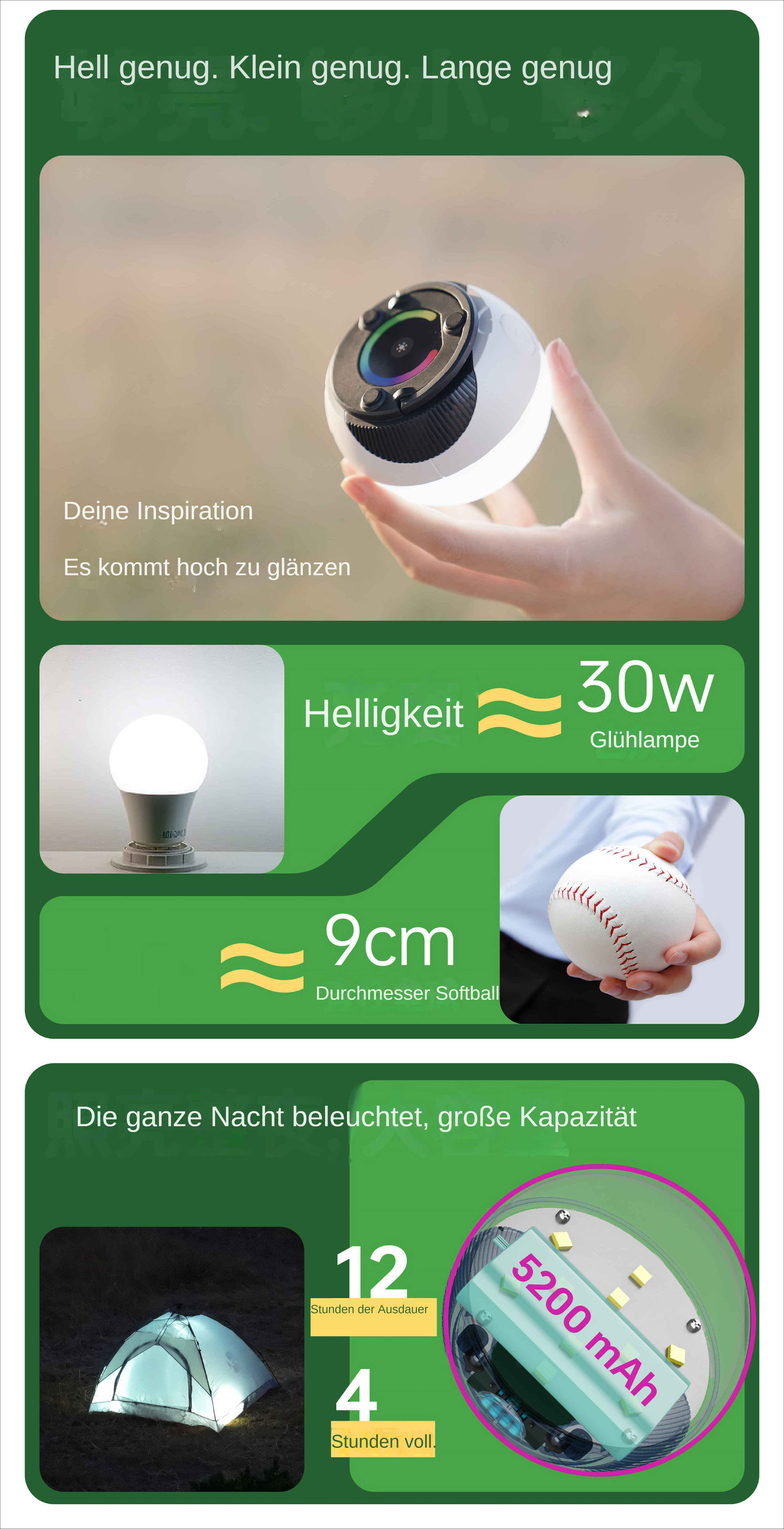 Das Bild zeigt ein weißes, kugelförmiges Licht, das von einer Hand gehalten wird. Grafiken zeigen Helligkeit, Größe und Akkulaufzeit.