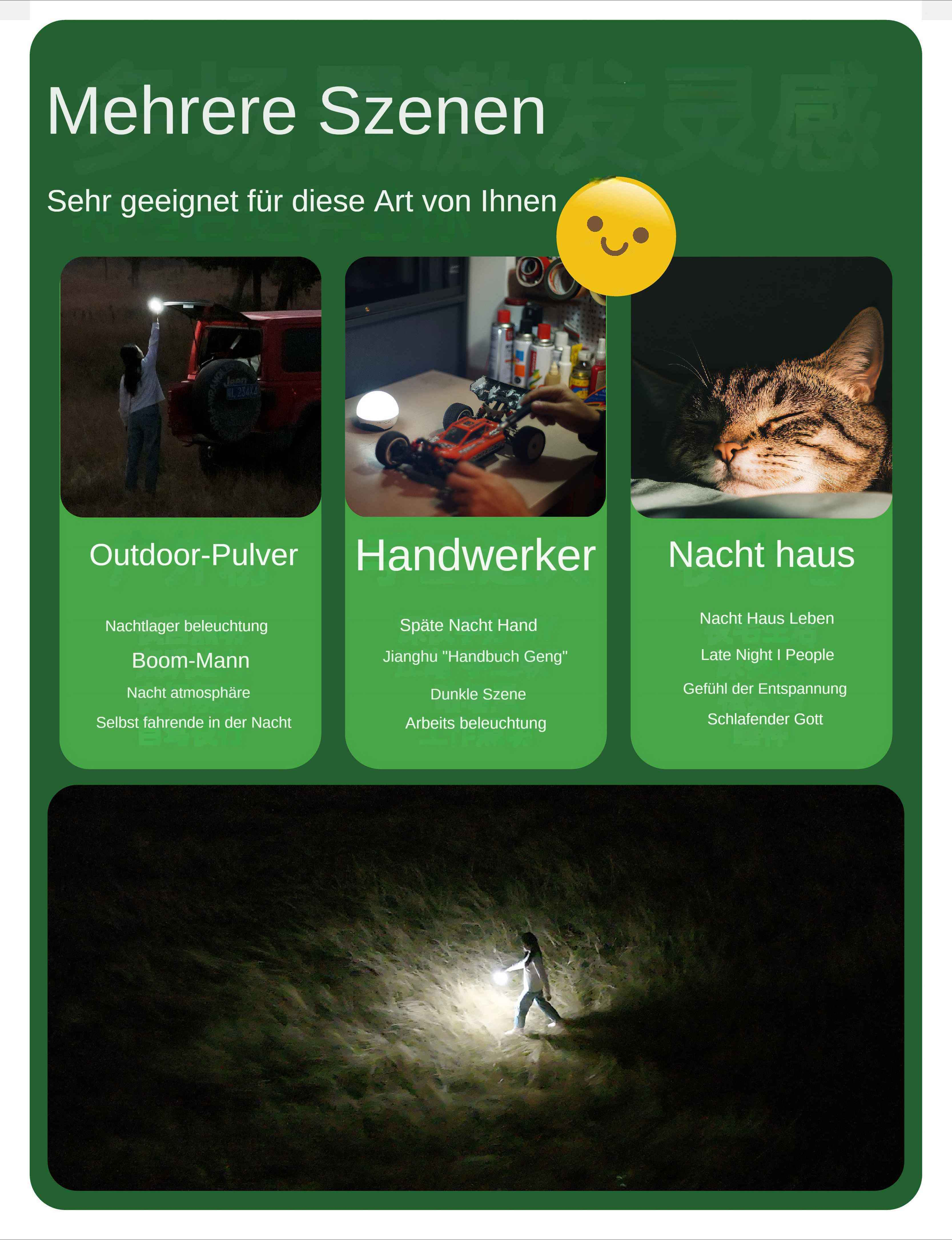 Das Bild zeigt einen roten Jeep, eine Person mit Licht, eine Person mit Spielzeugauto und eine Katze.