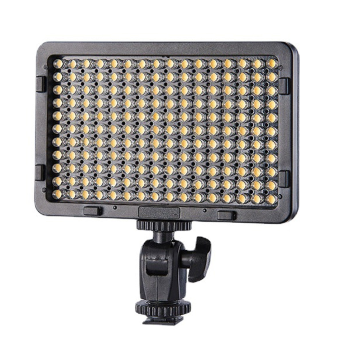 Ein rechteckiges LED-Lichtpanel mit vielen kleinen, gelben Lichtern. Es hat einen schwarzen Rahmen und ist auf einer schwarzen Halterung montiert.