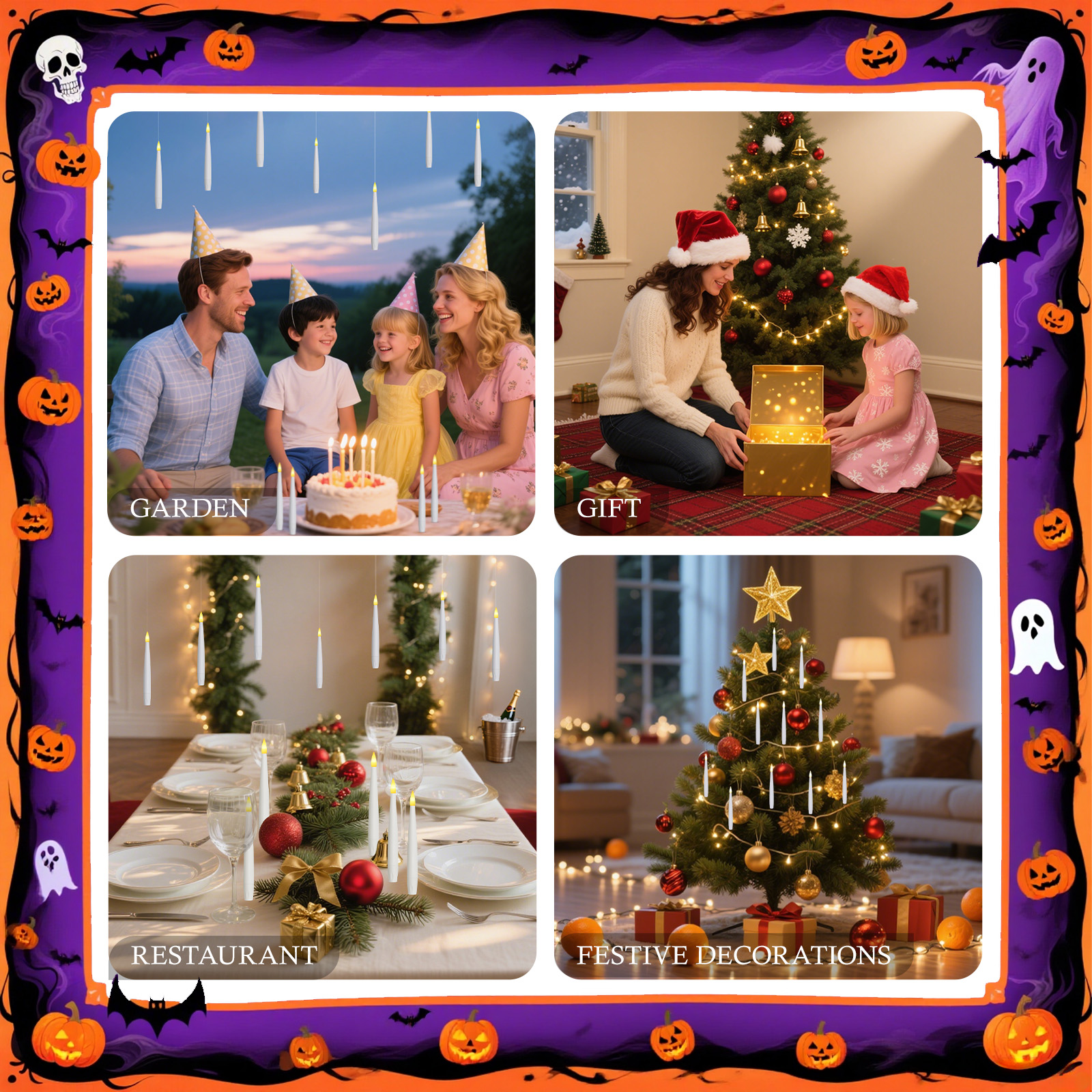 Bild mit Halloween-Dekorationen und vier Szenen: Gartenparty, Geschenk öffnen, Tisch decken und Weihnachtsbaumschmuck.