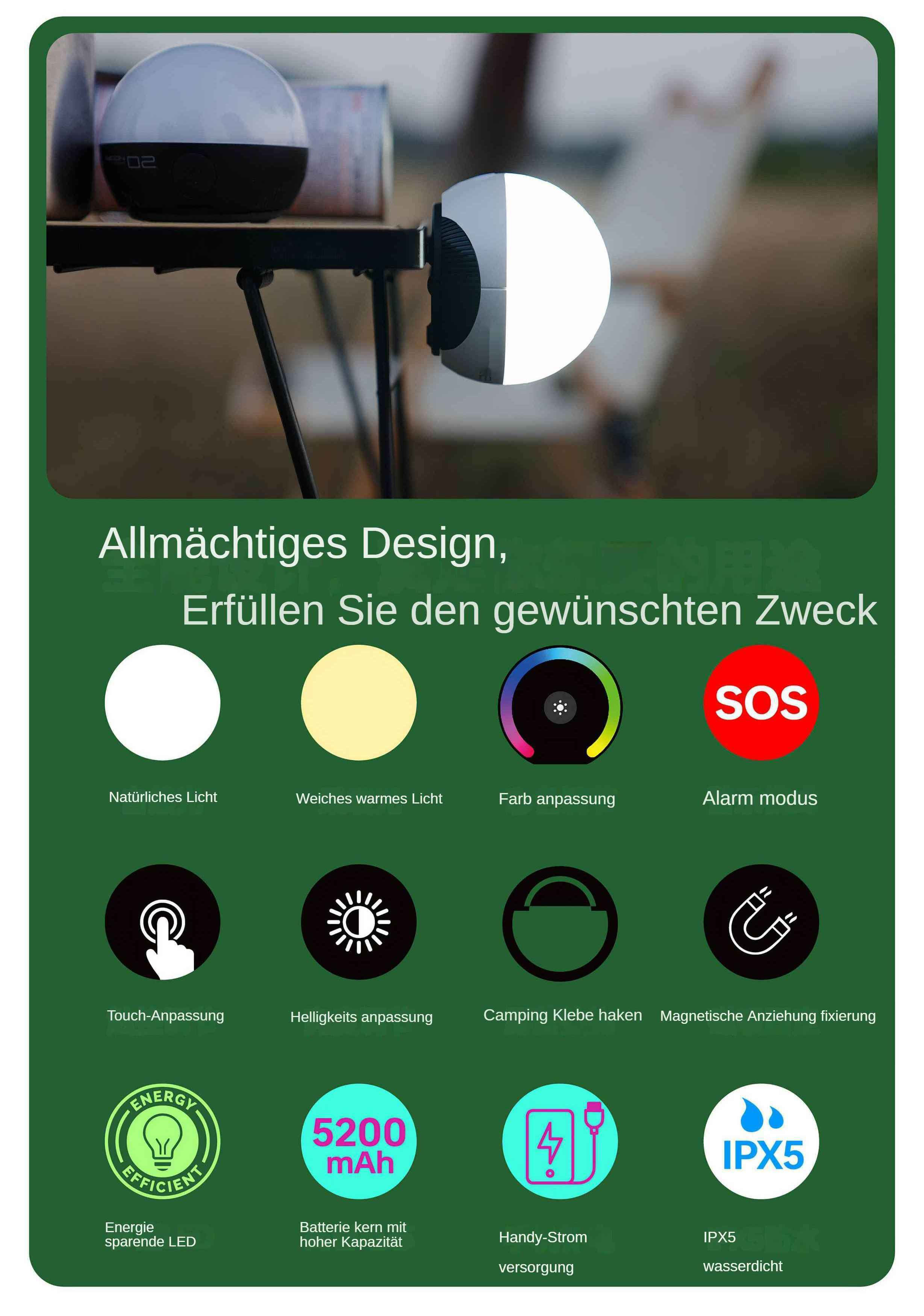 Eine Produktwerbung mit einer Campinglampe. Sie verfügt über Funktionen wie Farbanpassung, SOS-Modus, Touch-Steuerung und ist IPX5 wasserdicht.