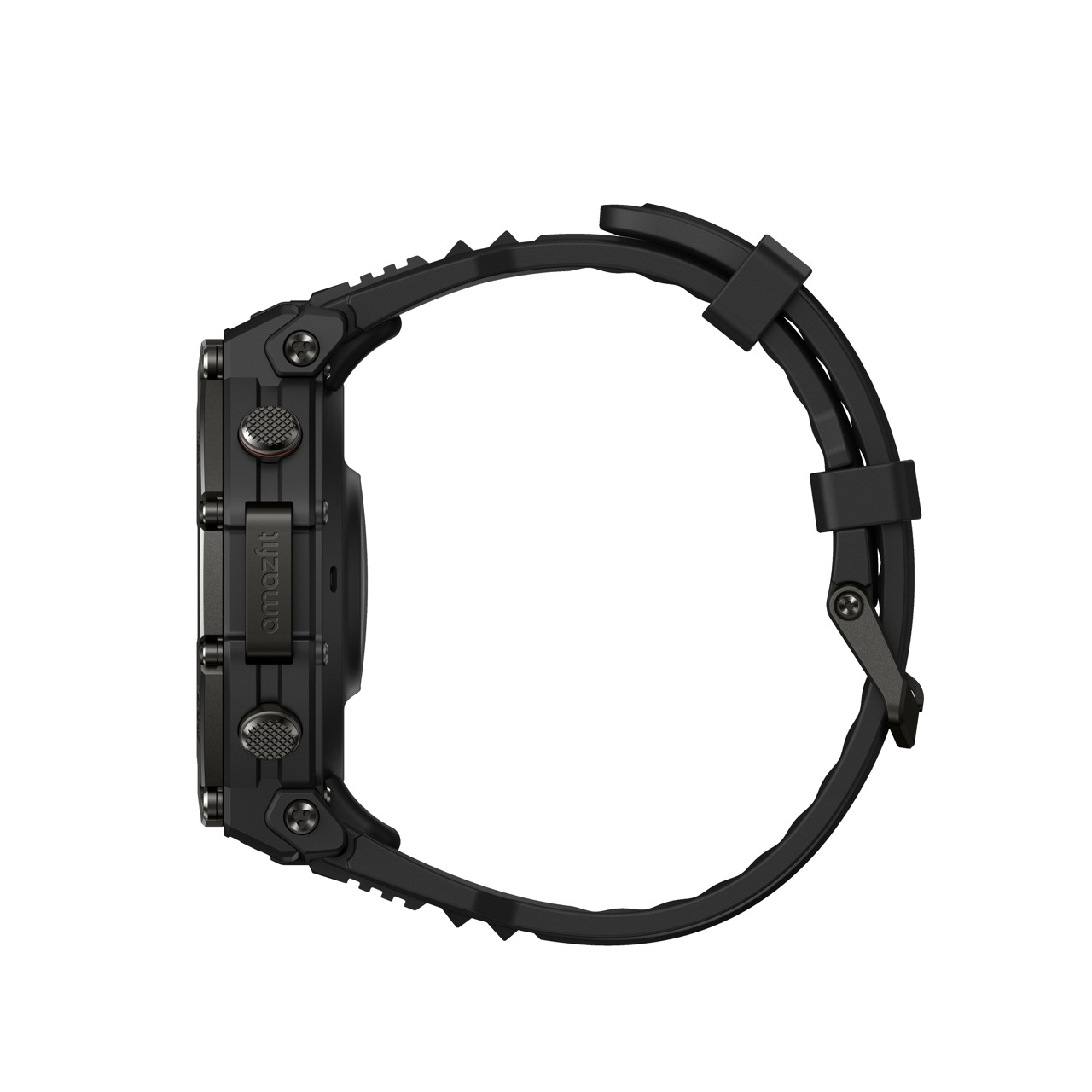 Czarny smartwatch Amazfit, widok z boku. Ma okrągłą tarczę i czarny pasek z klamrą.