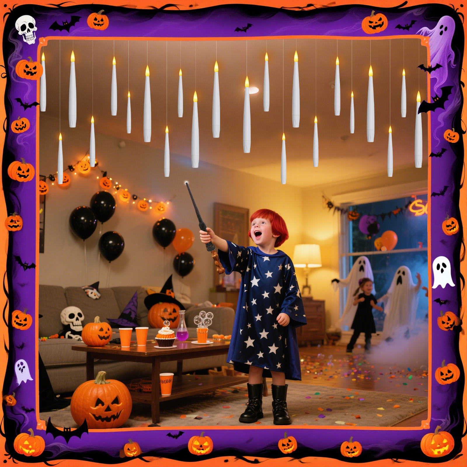 Ein Kind in einem Zaubererkostüm hält einen Zauberstab. Schwebende Kerzen, Kürbisse, Luftballons und Geister dekorieren für Halloween.