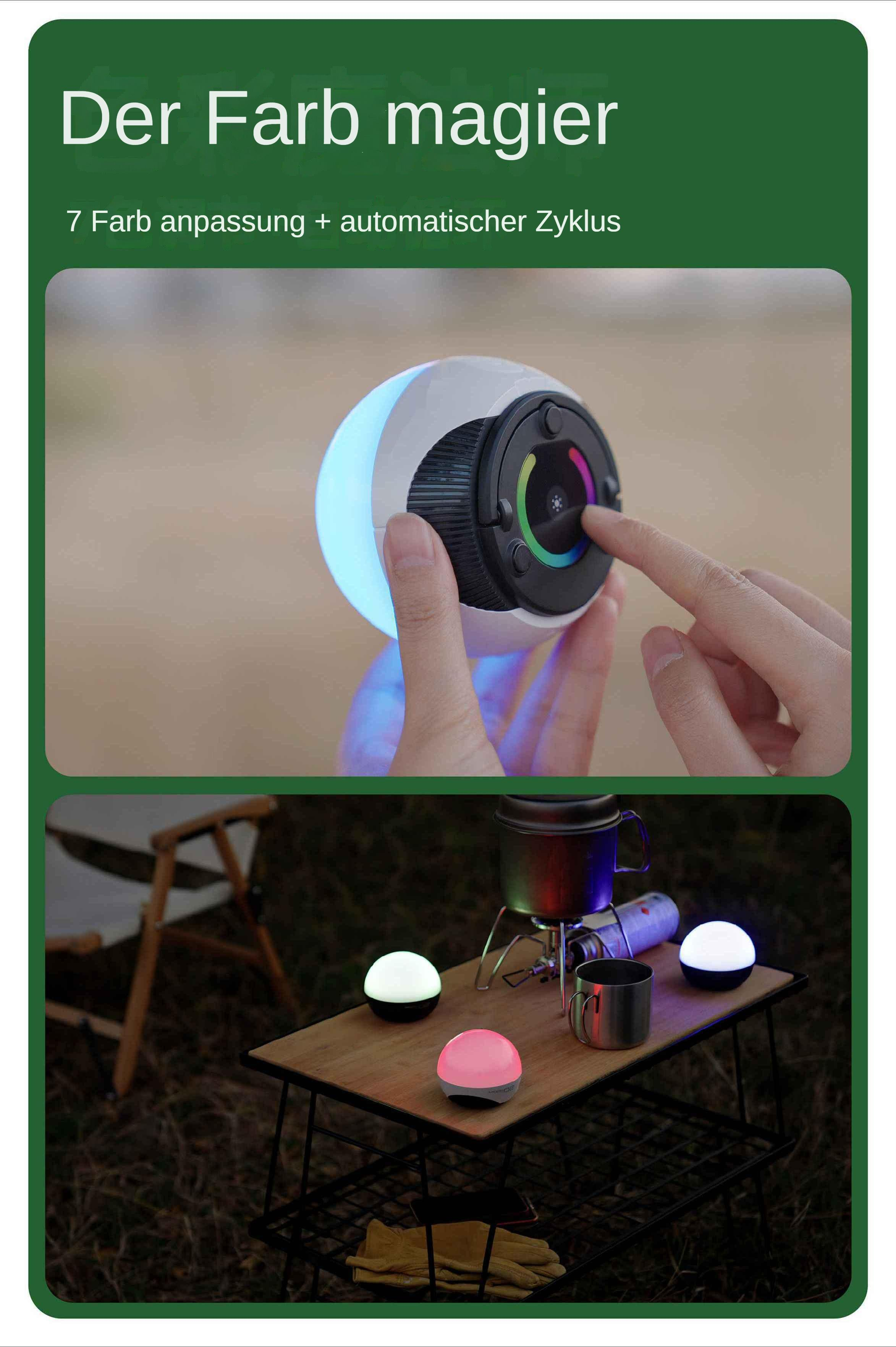 Eine Hand berührt ein Farbrad an einer Lampe. Unten stehen drei unterschiedlich farbige Lampen auf einem Tisch.