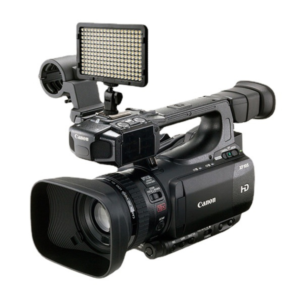 Ein schwarzer Canon XF105 HD Camcorder mit einem angebrachten Lichtpanel. Das Objektiv hat eine Blende. Das Canon-Logo ist sichtbar.