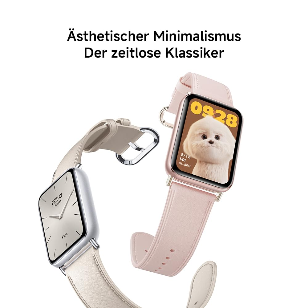 Zwei Smartwatches mit Lederarmbändern. Eine zeigt die Uhrzeit, die andere ein Hunde-Bild. Text auf Deutsch: Ästhetischer Minimalismus, Der zeitlose Klassiker.