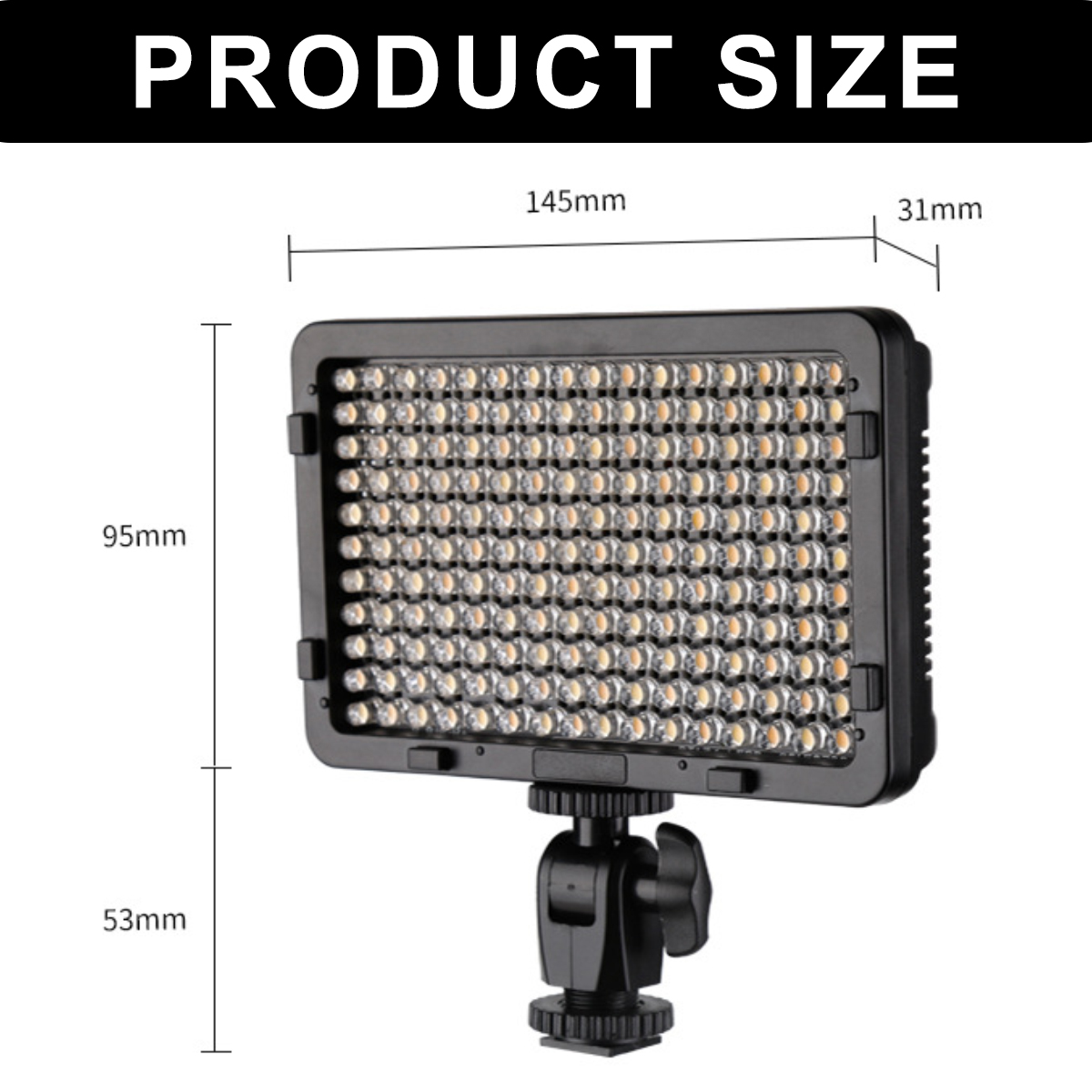 Ein schwarzes LED-Lichtpanel mit Abmessungen. Produktgröße ist 145 mm x 95 mm x 31 mm. Das Licht hat viele kleine LEDs.