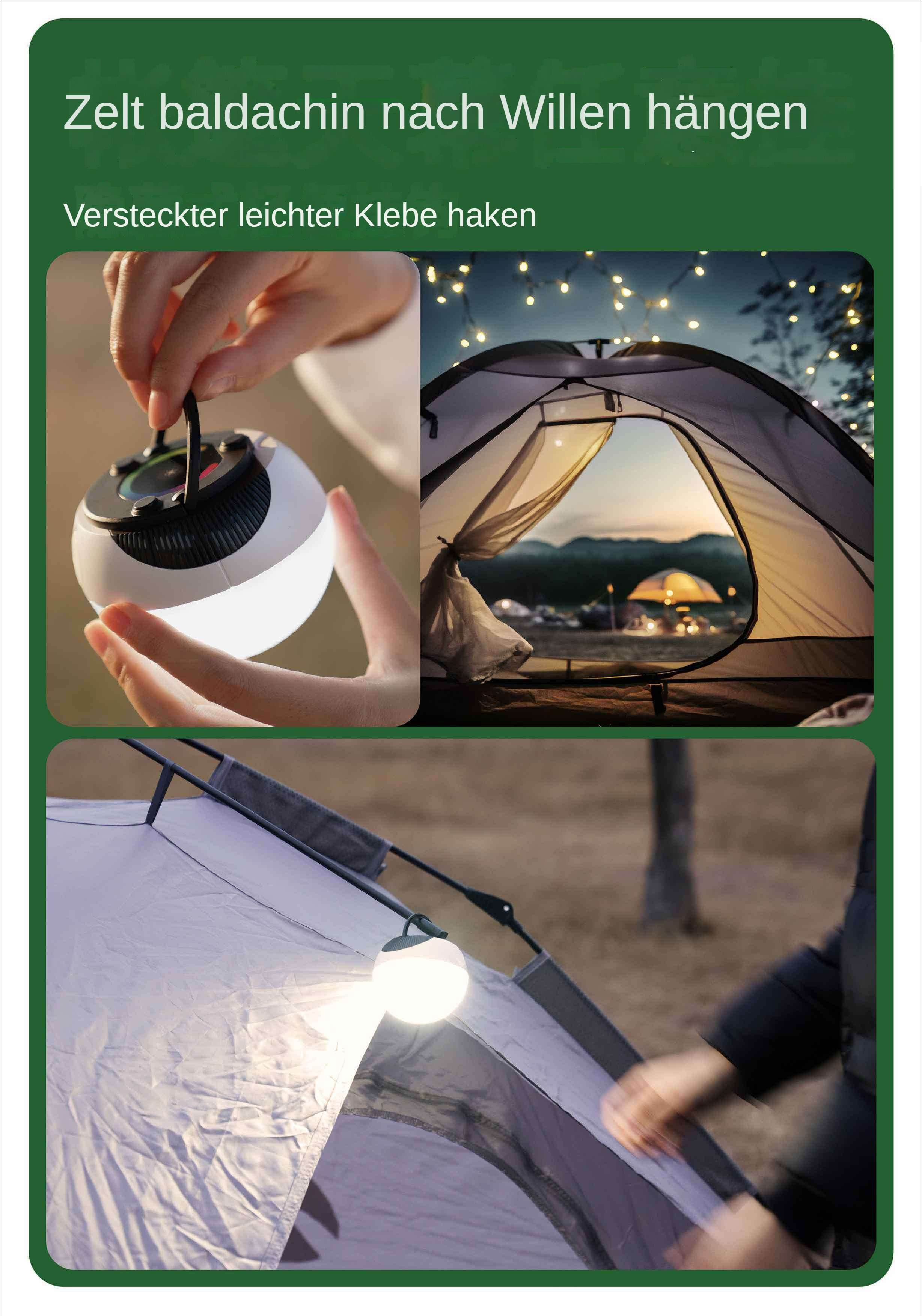 Hände halten ein Licht. Zelt mit Lichtern im Hintergrund. Ein beleuchtetes Licht, das an einem Zelt befestigt ist.