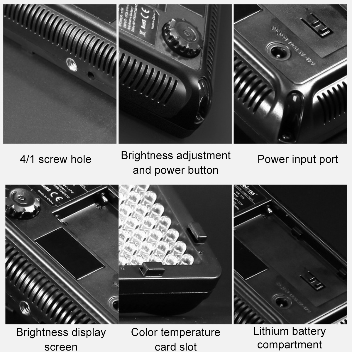 Nahaufnahmen einer schwarzen LED-Leuchte mit verschiedenen Komponenten: Schraubenloch, Einstellknopf, Stromanschluss, Display, Kartensteckplatz und Batteriefach.