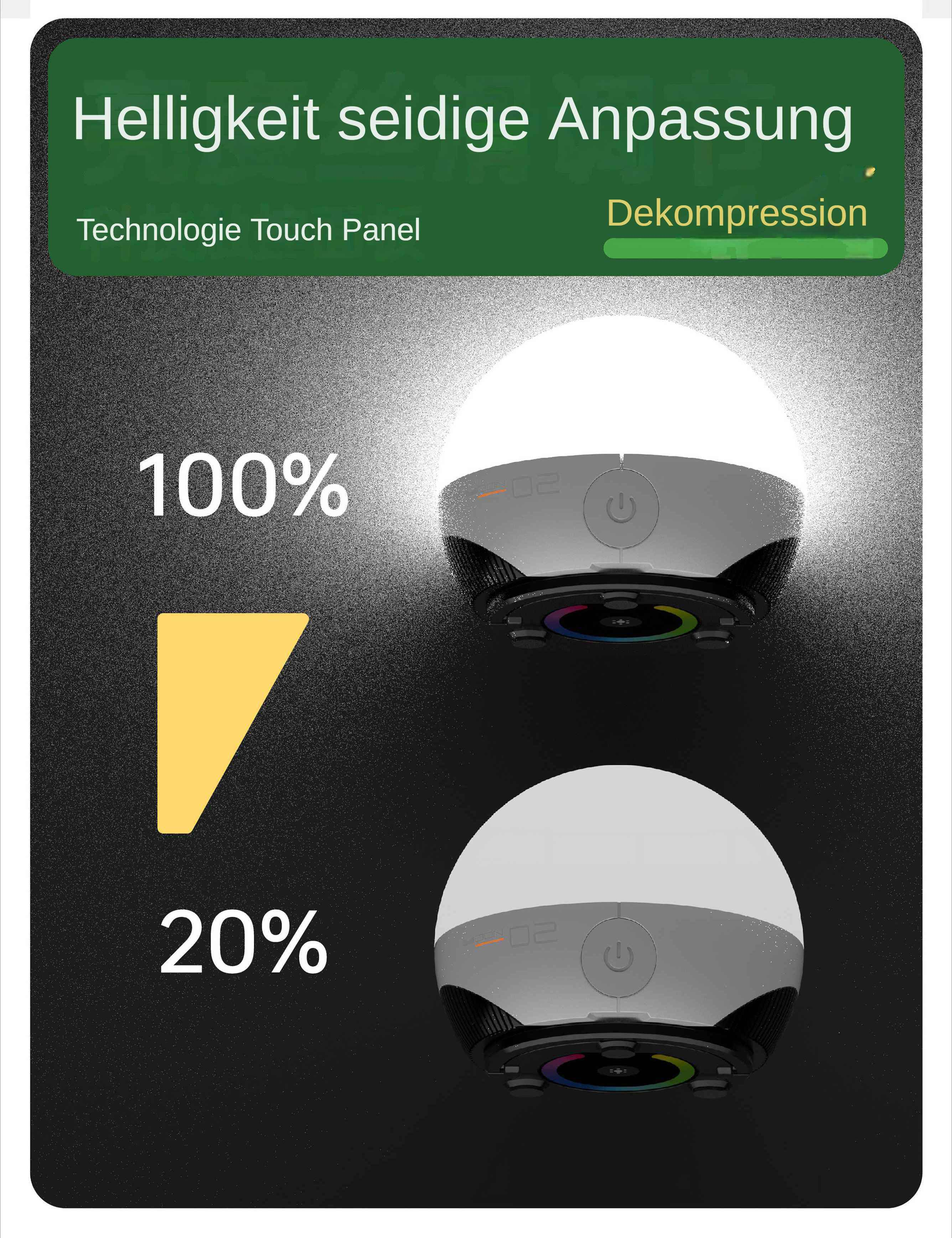 Das Bild zeigt zwei Lampen mit Helligkeitseinstellungen. Eine bei 100 %, die andere bei 20 %.