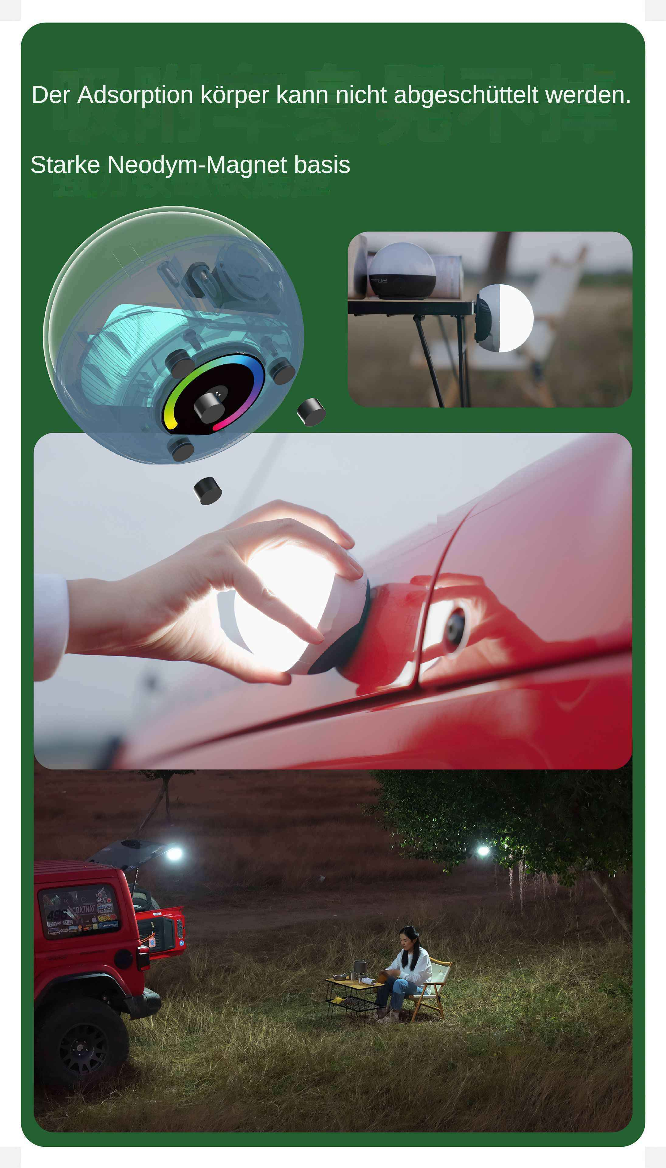 Das Bild zeigt ein Licht, ein Auto und eine Person. Eine Hand hält ein Licht, und eine Frau sitzt an einem Tisch in einem Feld.