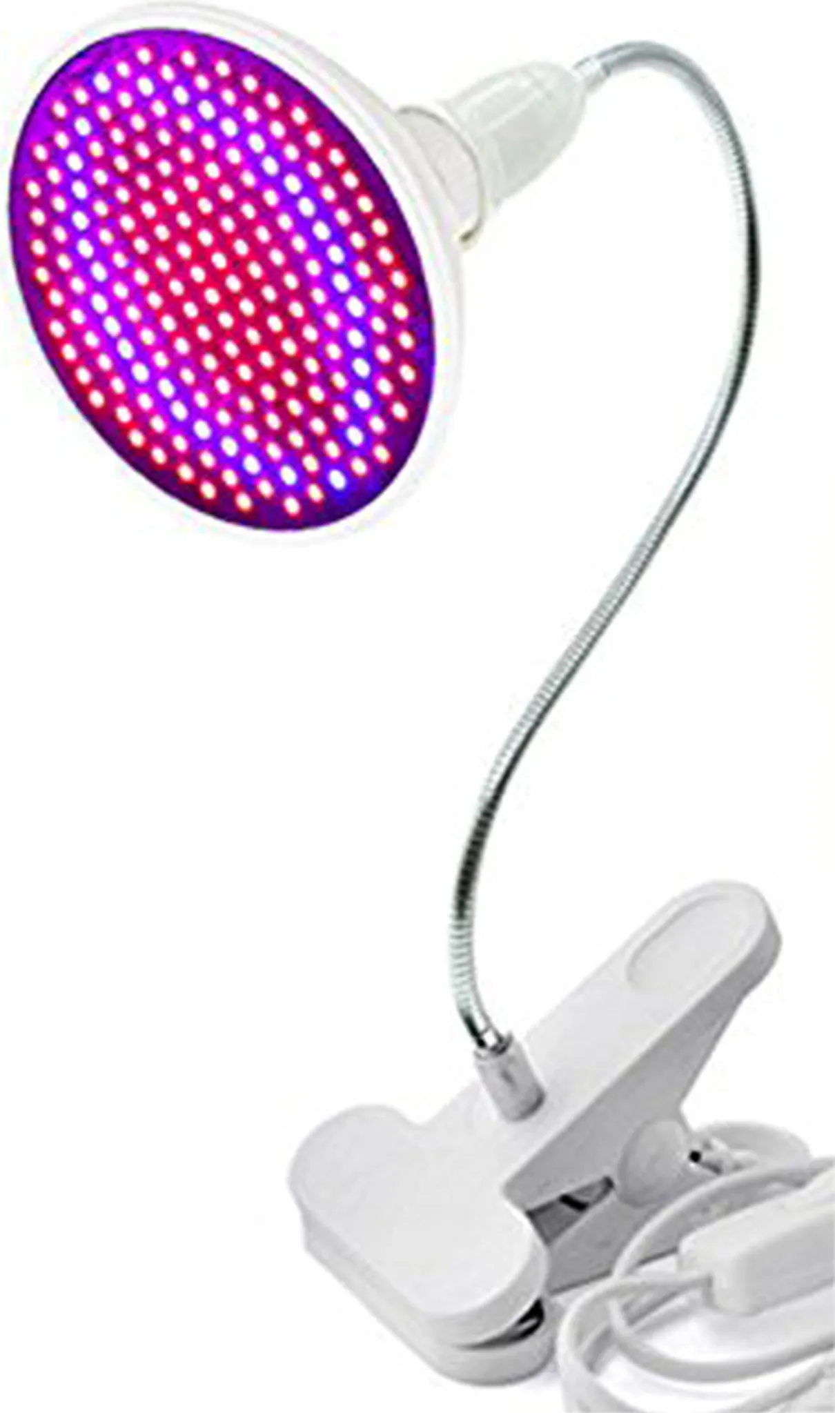 Eine weiße LED-Wachstumslampe mit roten und violetten Lichtern, flexiblem Metallarm und weißer Clipbasis.
