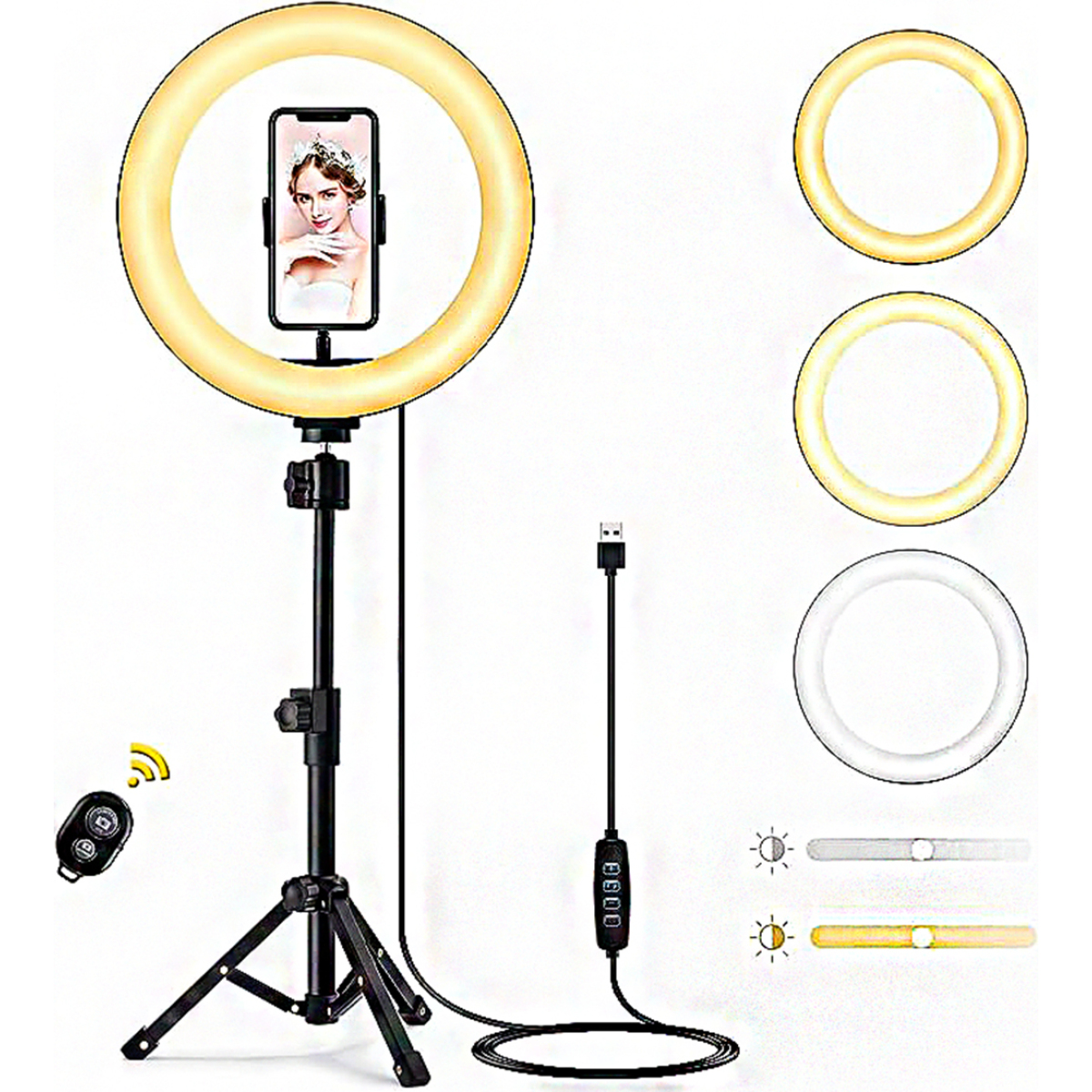 Ein Ringlicht mit einem Telefon, das eine Frau zeigt. Es steht auf einem Stativ, mit Fernbedienung und USB-Kabel. Zusätzliche Ringlichtoptionen sind sichtbar.