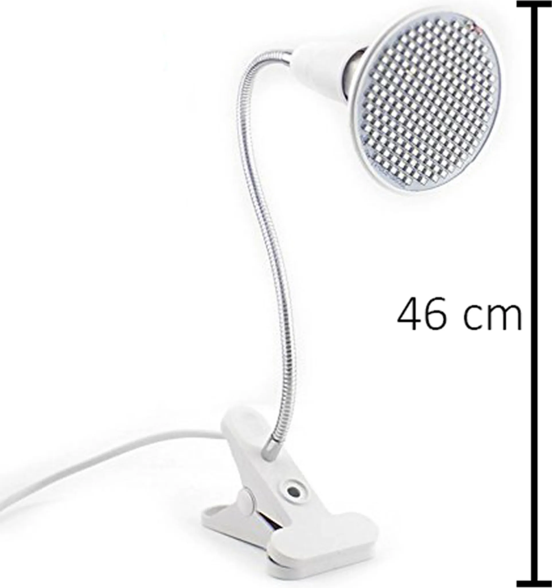 Eine weiße LED-Wachstumslampe mit flexiblem Hals und Clip-Basis. Der Leuchtenkopf ist kreisförmig mit vielen kleinen LEDs.