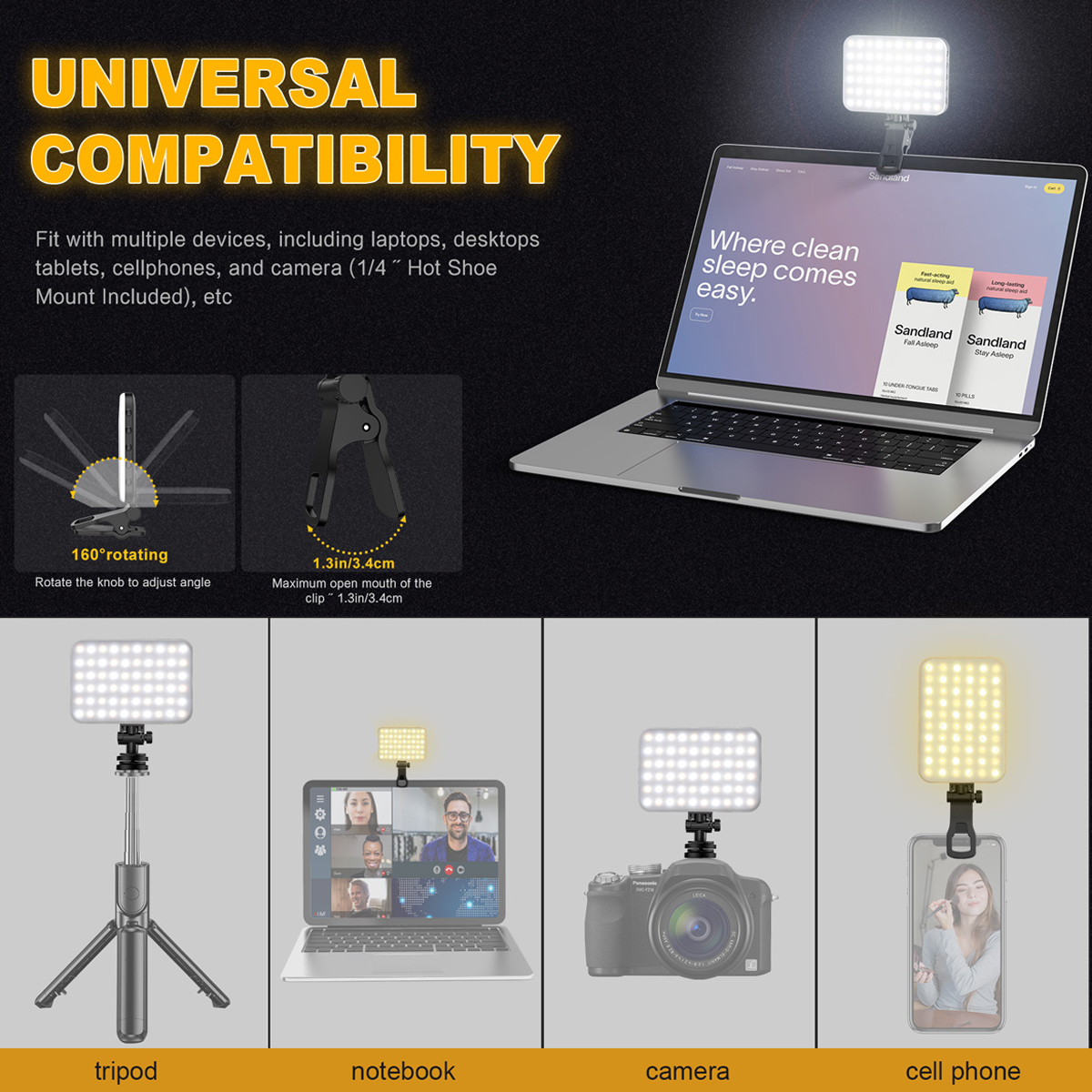 Das Bild zeigt die universelle Kompatibilität eines Lichts mit verschiedenen Geräten wie Laptop, Kamera und Handy. Es hat ein Stativ und einen Clip.