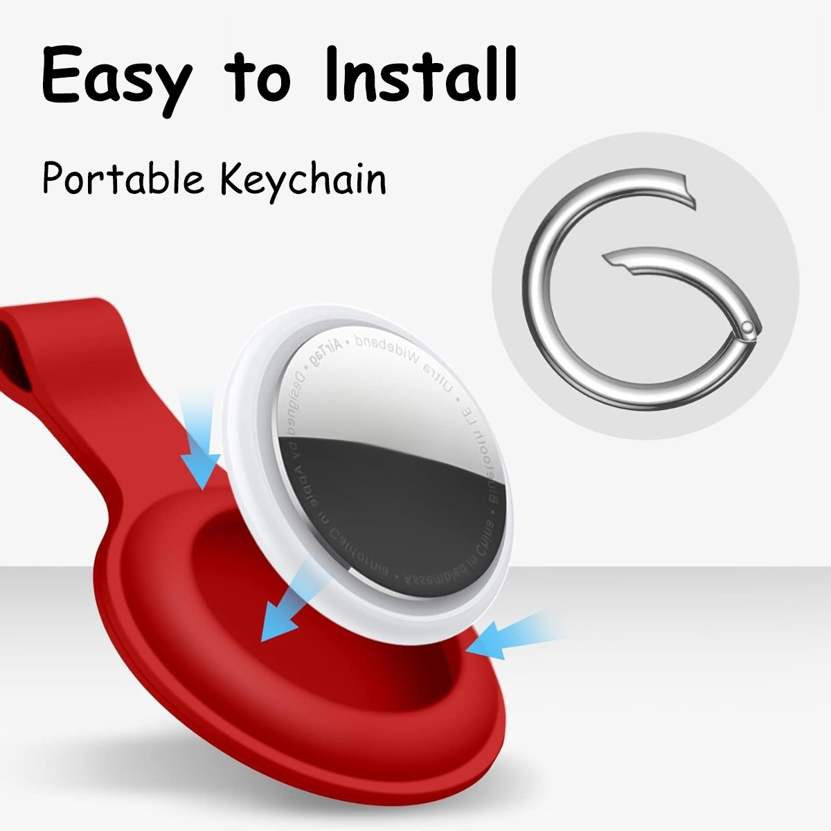 Rotes Schlüsselanhänger-Etui mit weißer Scheibe, silbernem Ring und Text 'Easy to Install'.