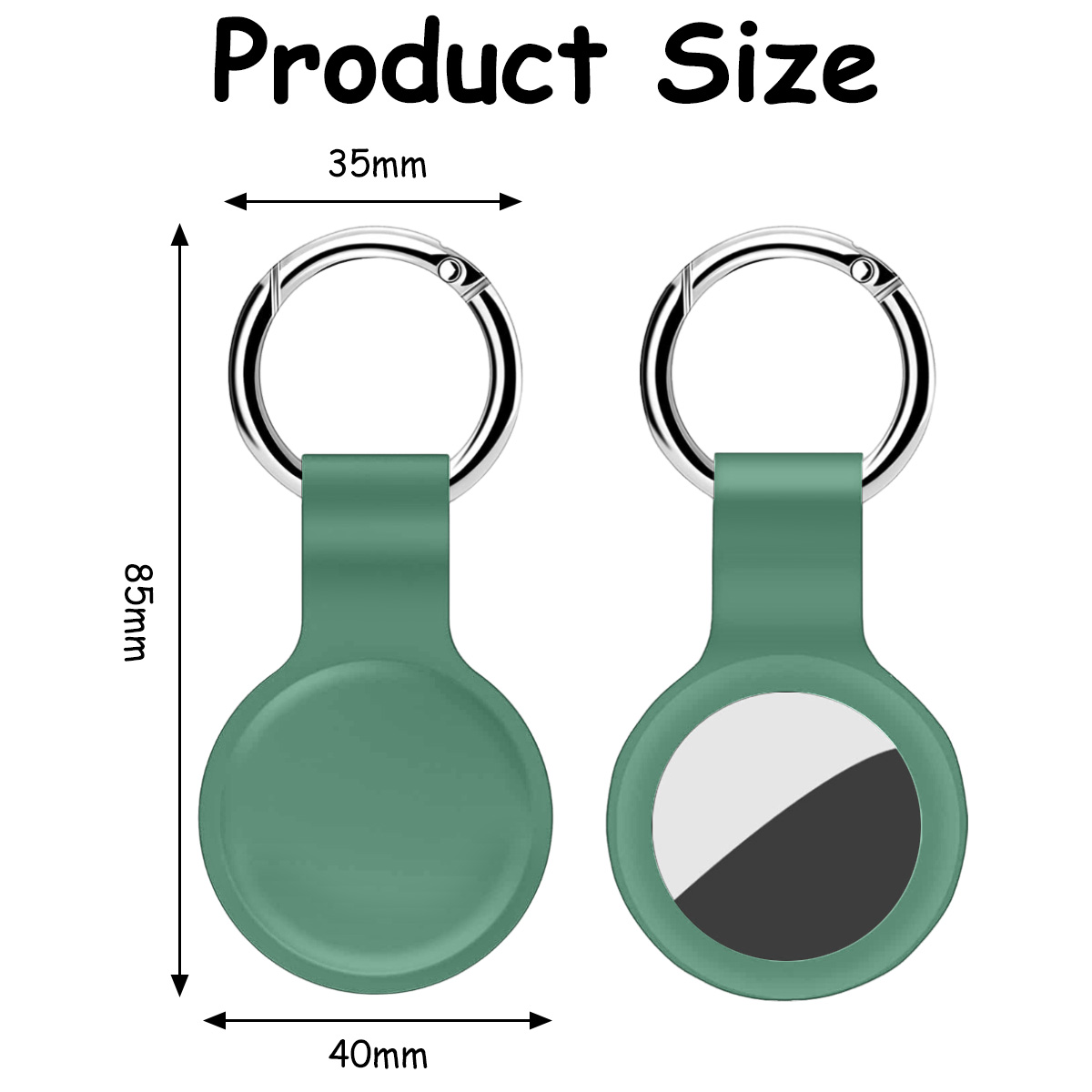 Zwei grüne Schlüsselanhänger mit silbernen Ringen. Abmessungen: 85 mm Höhe, 40 mm Breite und 35 mm Ringbreite. Ein Anhänger hat einen schwarz-weißen Kreis.