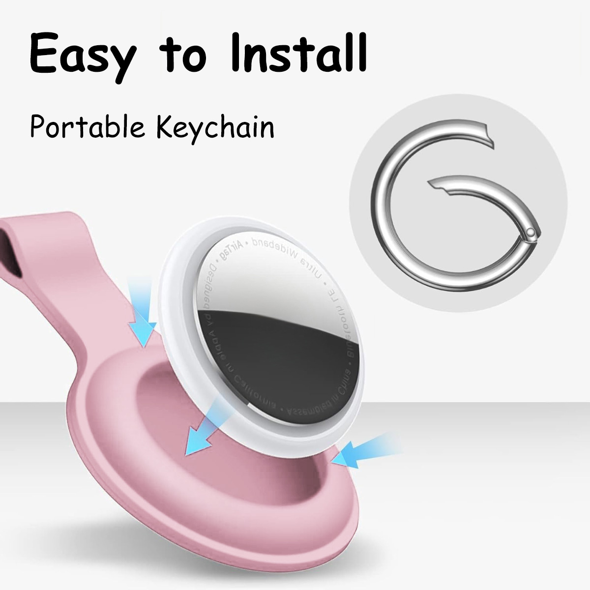 Rosa Halterung mit weißem Gerät. Silberner Schlüsselanhängerring rechts. Text: 'Easy to Install Portable Keychain'.