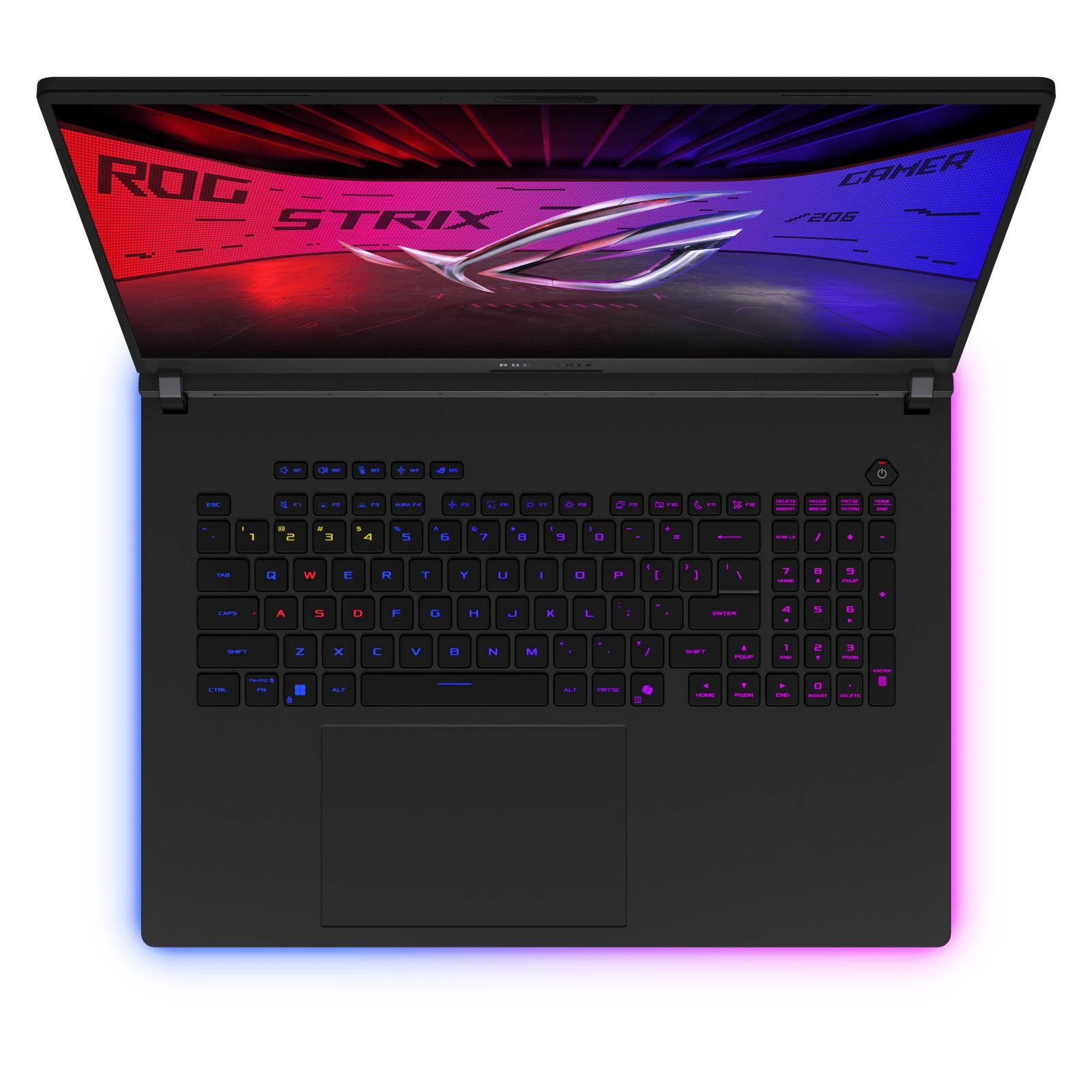 Czarny laptop, ROG Strix, otwarty. Klawiatura z podświetleniem RGB, ekran z designem gracza. Laptop ma podświetlaną krawędź.