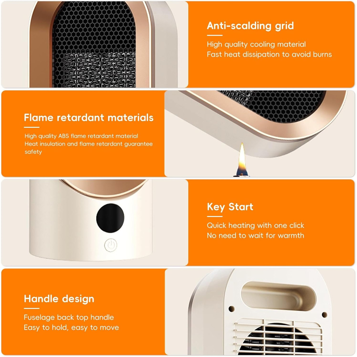 Das Bild zeigt Details eines beige-goldenen Elektroheizers und hebt Merkmale wie flammhemmende Materialien und ein verbrühungssicheres Gitter hervor.