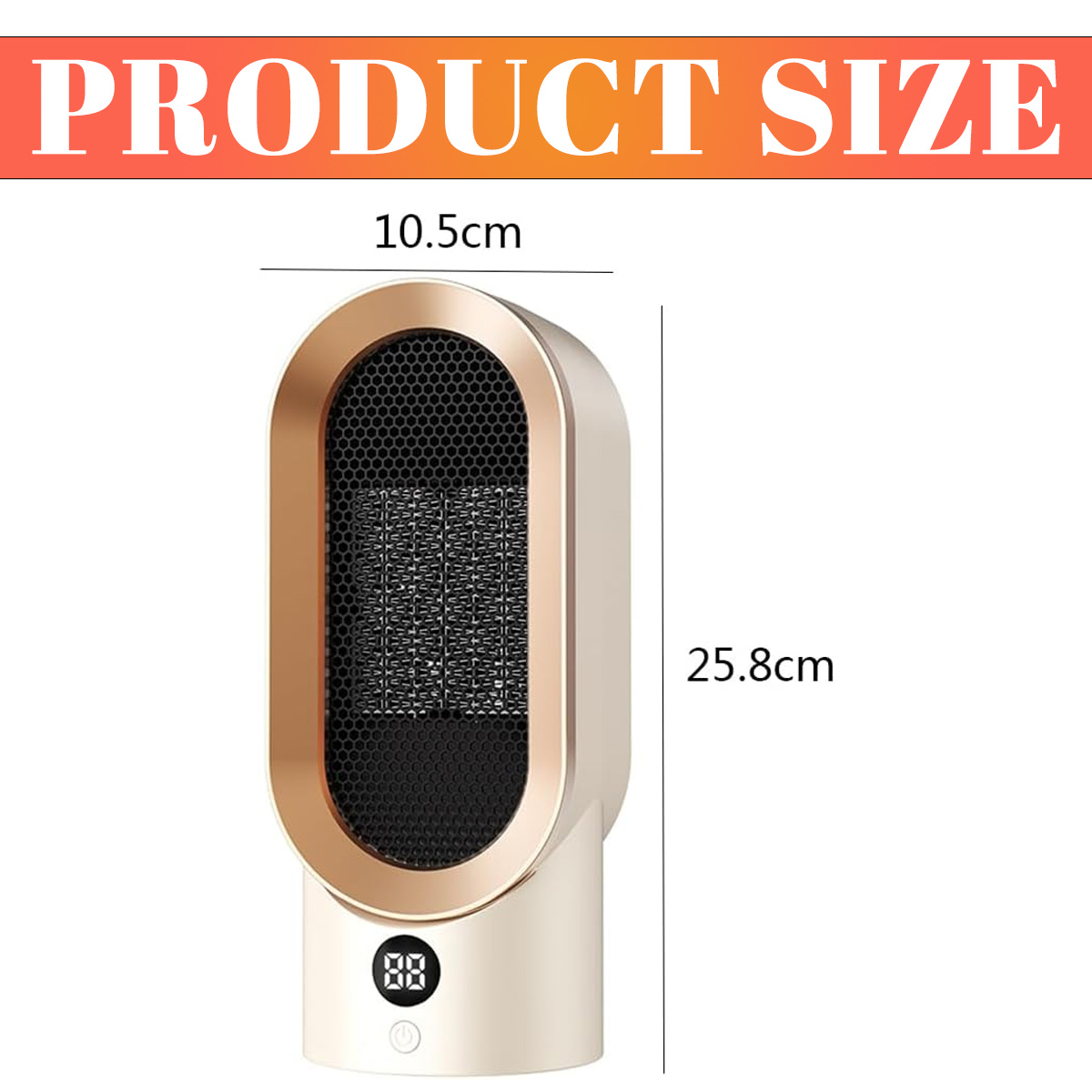 Ein beige-goldener Elektroheizer. Die Produktgröße wird angezeigt. Abmessungen: 10,5 cm breit, 25,8 cm hoch. Er hat eine Digitalanzeige.