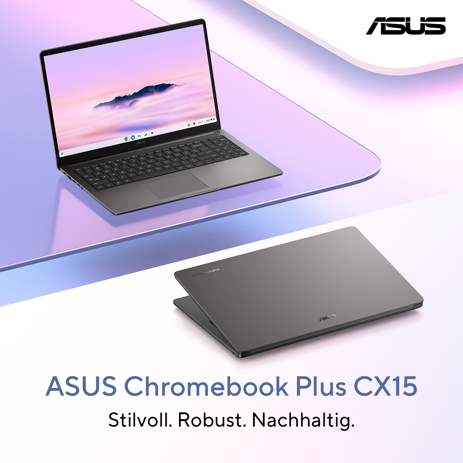 Laptop ASUS Chromebook Plus CX15 na fioletowej powierzchni, z ekranem z chmurami. Drugi laptop poniżej.