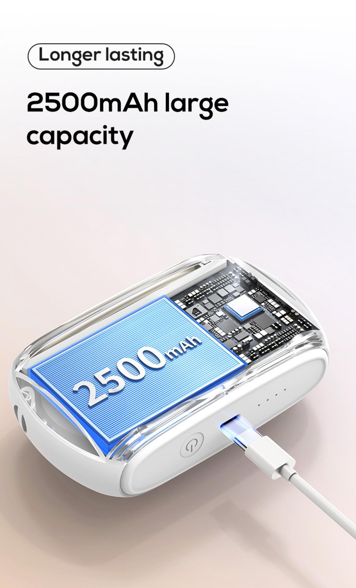 Eine weiße Powerbank mit einem blauen 2500mAh-Batterieabschnitt, einem Ladekabel und Text, der 'länger anhaltend' anzeigt.